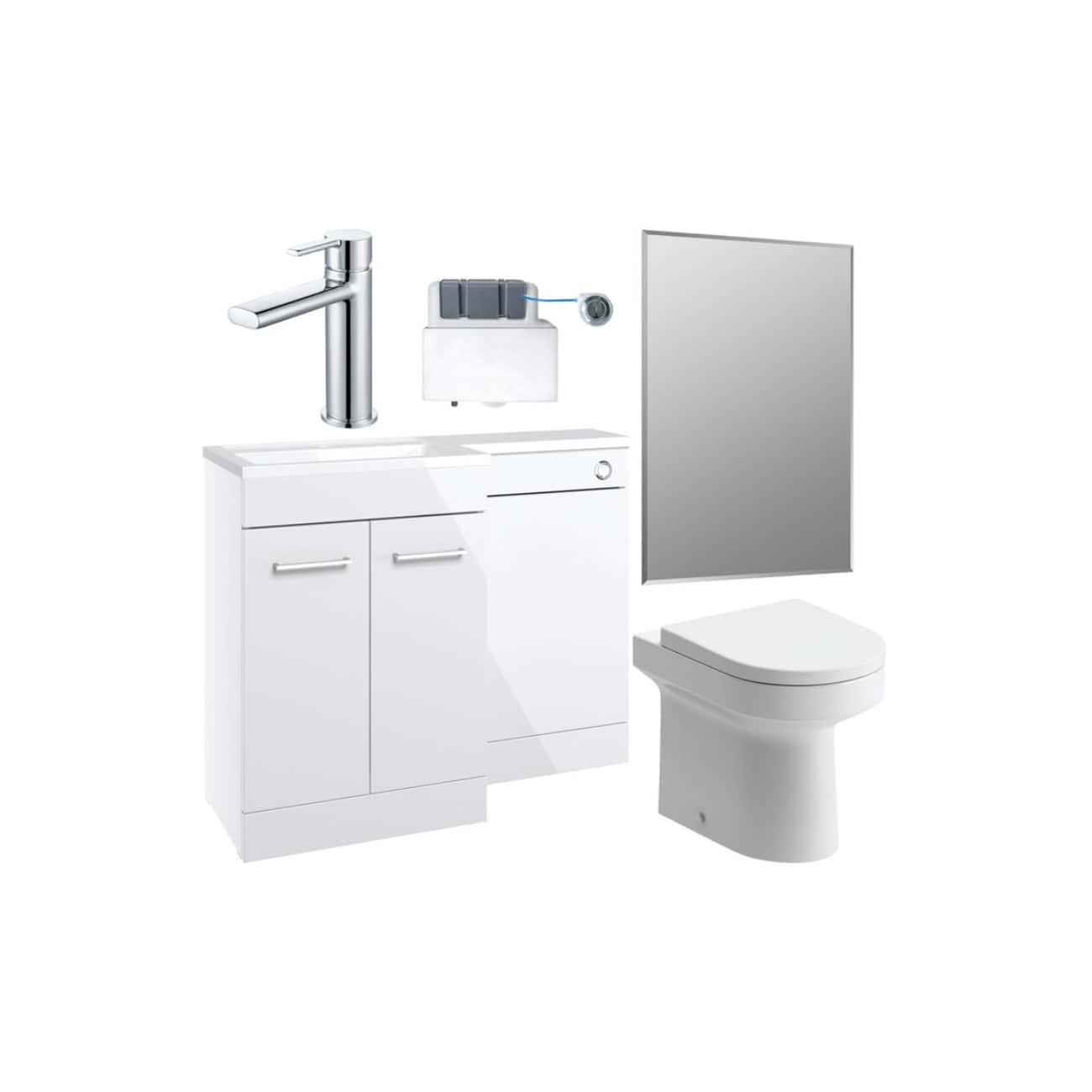 Sleek white bathroom vanity with modern fixtures, wall-mounted mirror, and toilet, designed for small spaces, featuring contemporary style and functional storage solutions. Perfect for compact bathroom remodels.