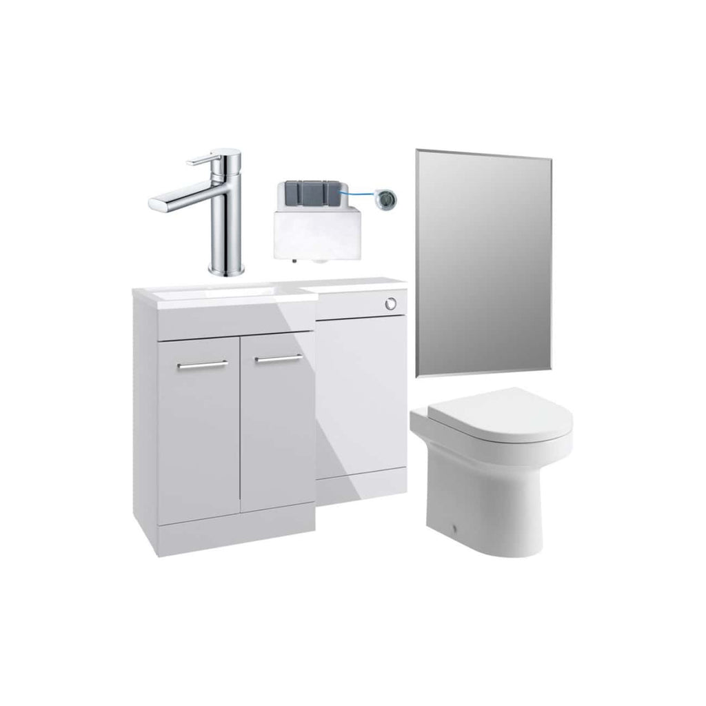 Modern compact bathroom sink unit with integrated toilet, chrome-finished tap, mirror, and wall-mounted accessories, designed for space-saving and stylish bathroom refurbishment.