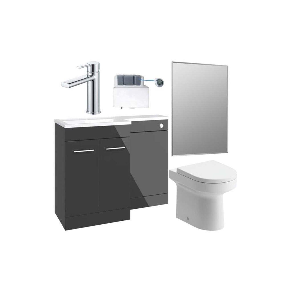 Modern compact bathroom setup featuring a black vanity with a white sink, chrome faucet, wall-mounted mirror, and a sleek toilet, ideal for small bathroom renovations with bubly.co.uk.