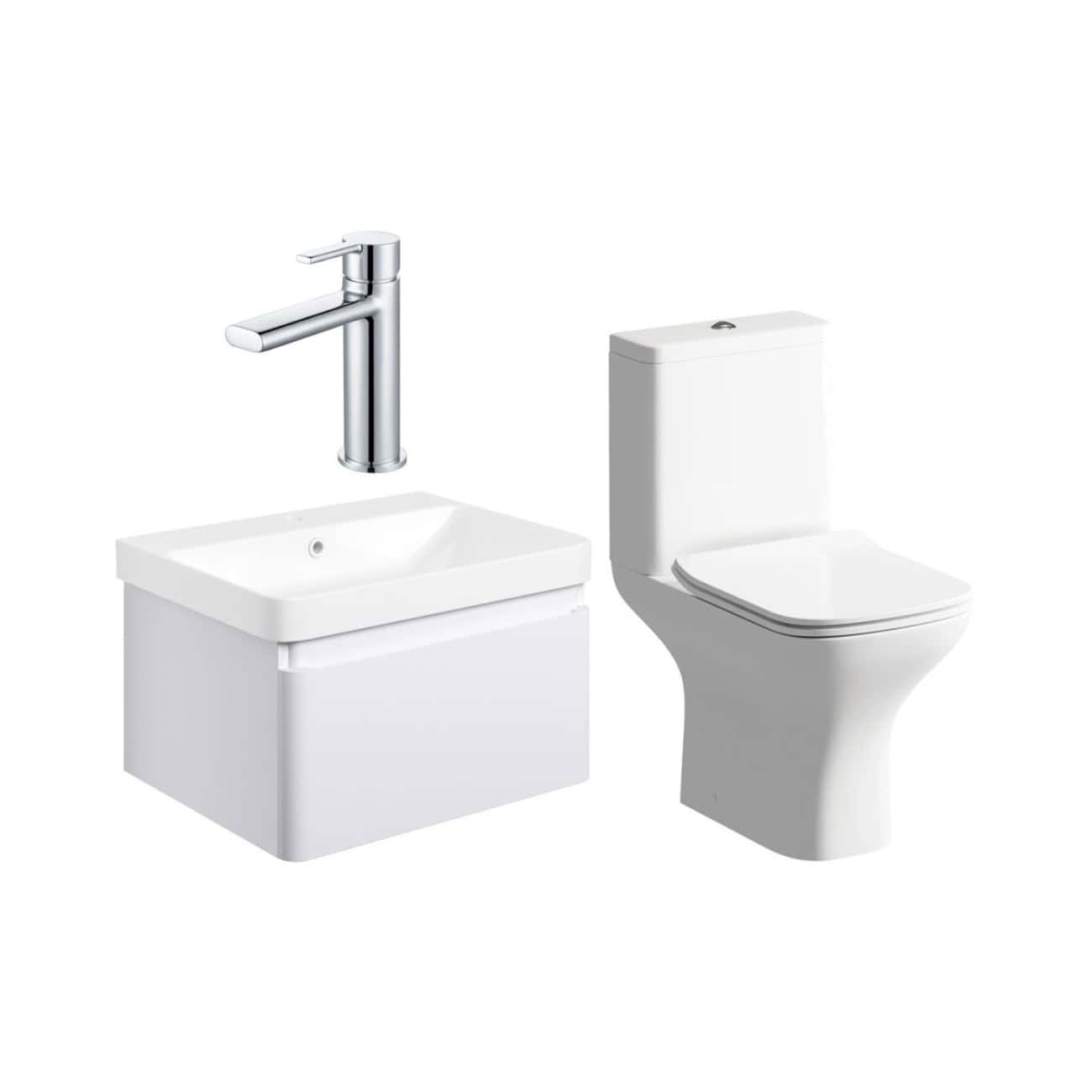 Sleek modern bathroom sink unit with chrome faucet and white toilet, perfect for contemporary bathroom designs. Durable fixtures and space-saving style enhance functionality and aesthetics.