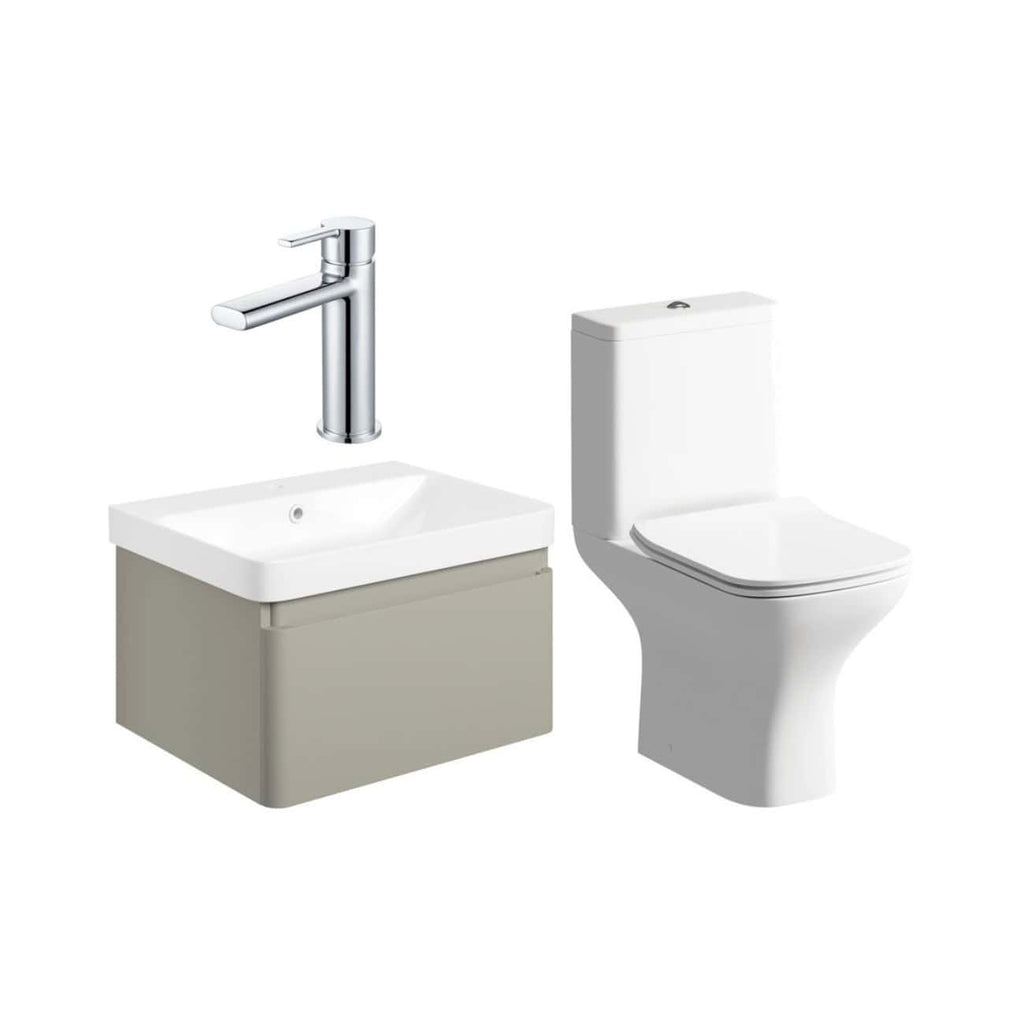 Modern bathroom fixtures featuring a sleek chrome faucet, a compact wash basin with storage, and a contemporary toilet design, ideal for stylish and space-saving bathroom renovations.