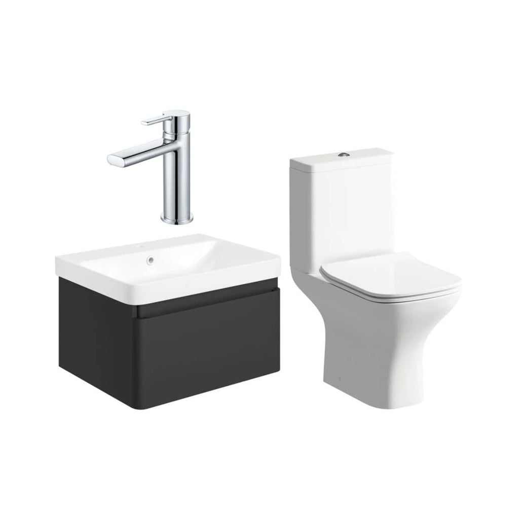Sleek modern bathroom sink with chrome tap and a high-quality close-coupled toilet, ideal for contemporary bathroom designs, combining functionality and style for optimal space utilisation.