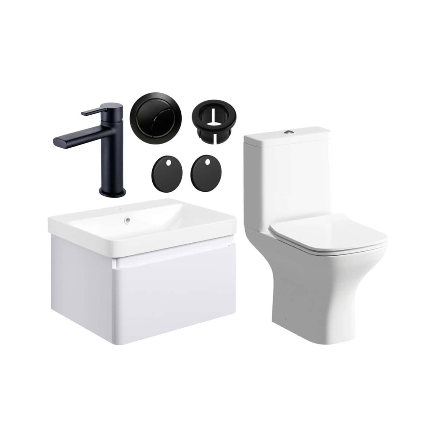 Sleek black bathroom faucet and accessories set with modern design, compatible with white bathroom vanity sink and toilet, ideal for contemporary bathroom upgrades.