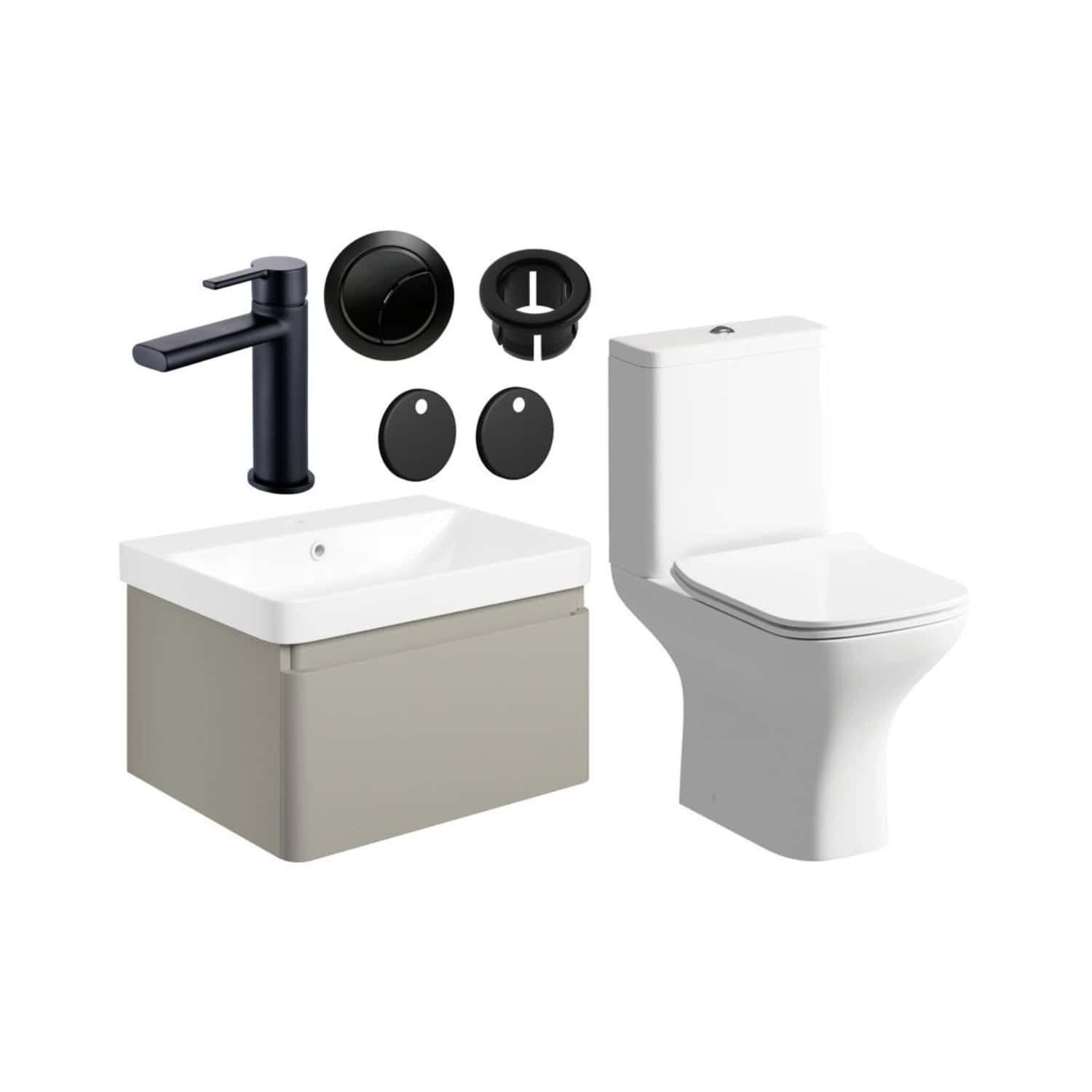 Modern bathroom fixtures kit with basin tap, toilet, and accessories, ideal for contemporary bathroom renovation or installation, featuring sleek black and white design elements.