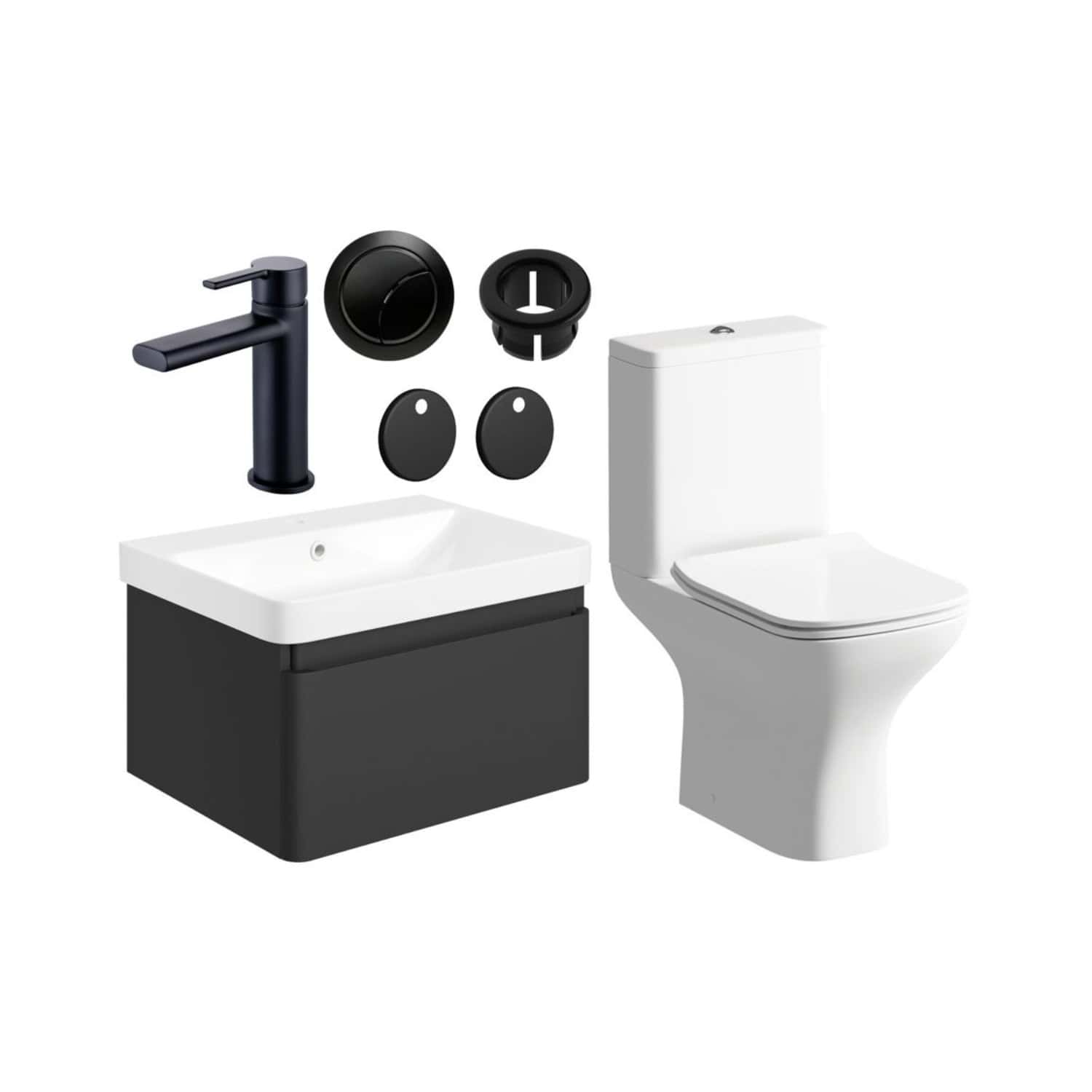 Modern black and white bathroom fixture set including a sleek black tap, vanity unit with sink, compact toilet, and essential bathroom accessories, perfect for contemporary bathroom designs.