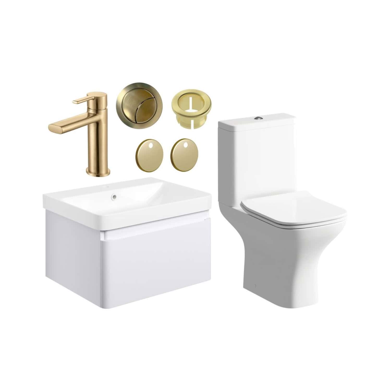 Brass bathroom faucet, toilet, and accessories set with modern white sink vanity, perfect for contemporary bathroom design. Includes brass tap, flush button, and mounting hardware for stylish upgrade.
