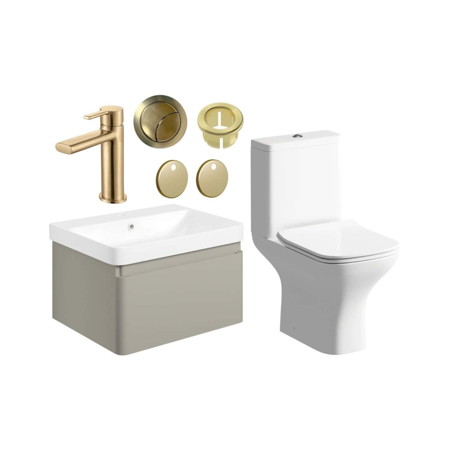 Modern bathroom fixtures including a beige vanity with a white ceramic sink, a white toilet, and gold bathroom accessories such as a faucet, soap dispenser, and decorative plaques, all arranged against a white background.