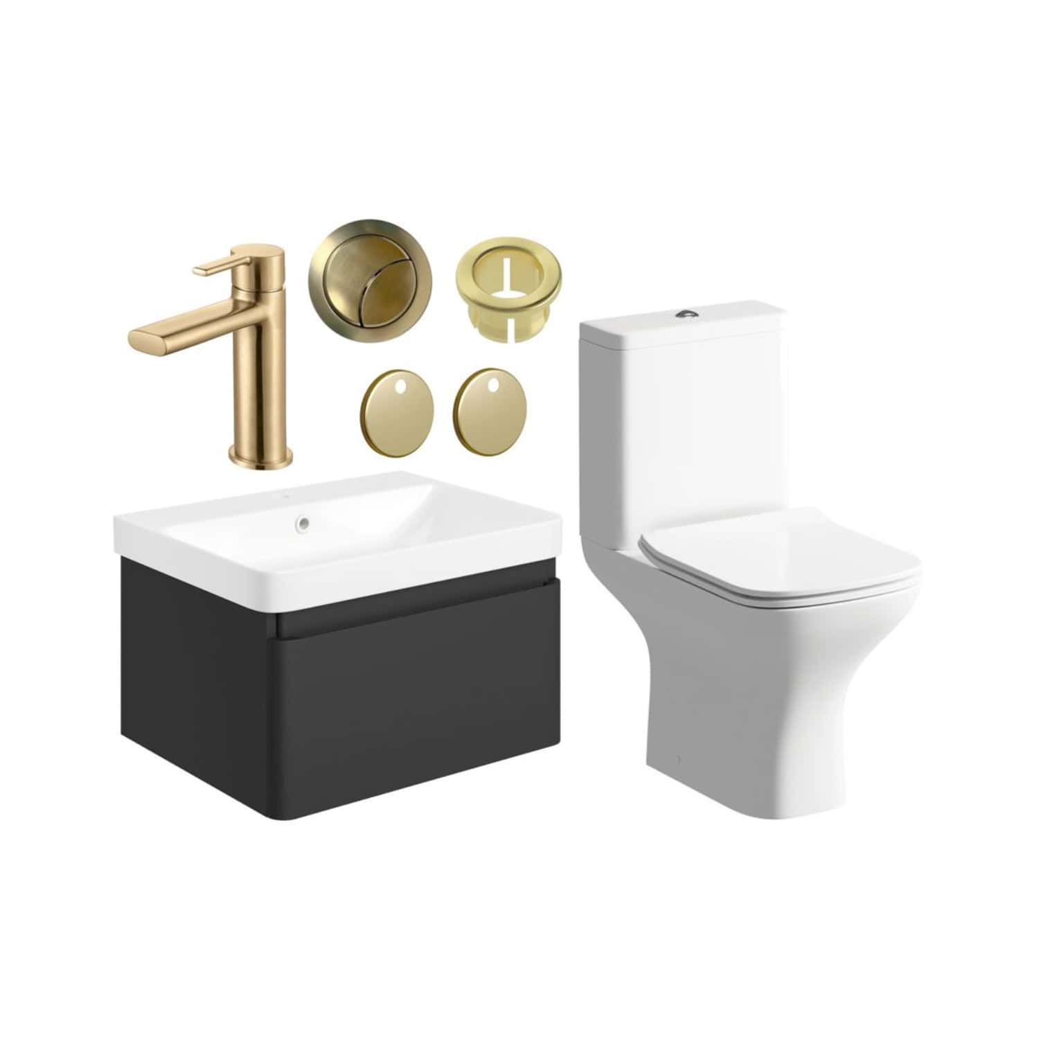 Brass bathroom basin tap with wall-mounted accessories including a yellow plastic mounting ring and oval covers, alongside a modern white toilet, on a plain background for stylish bathroom design.