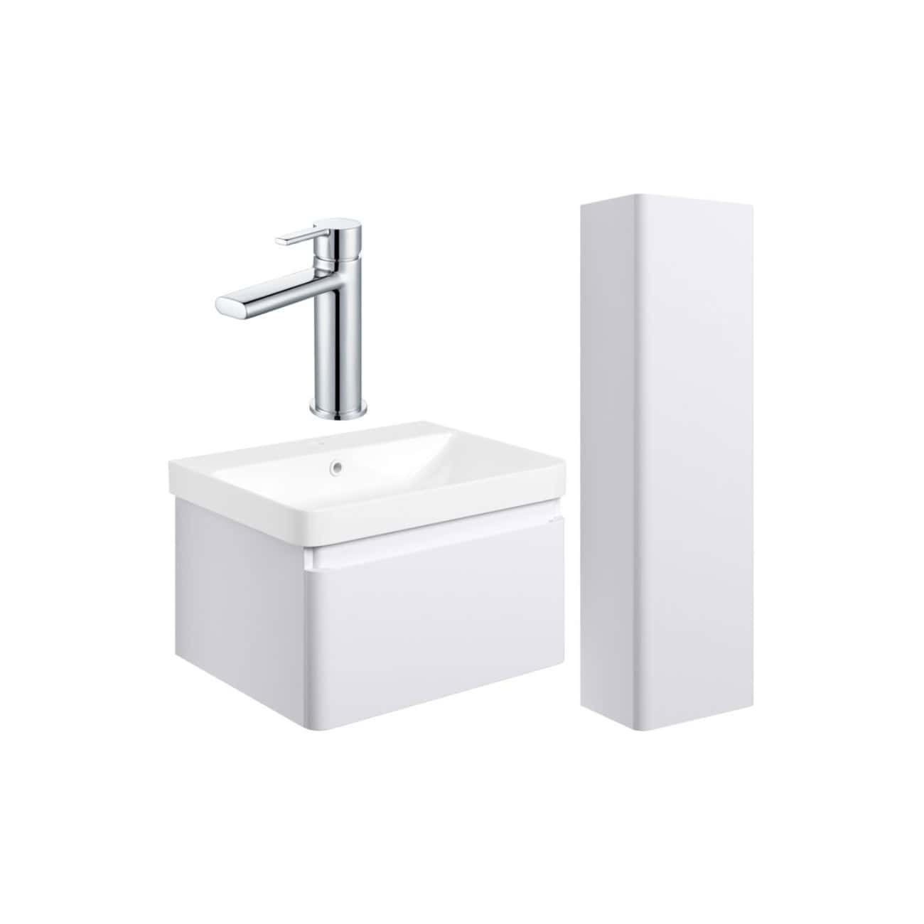 Sleek white bathroom vanity unit with integrated sink and modern chrome tap, complemented by a tall white storage cabinet, designed for contemporary bathroom organisation and style.