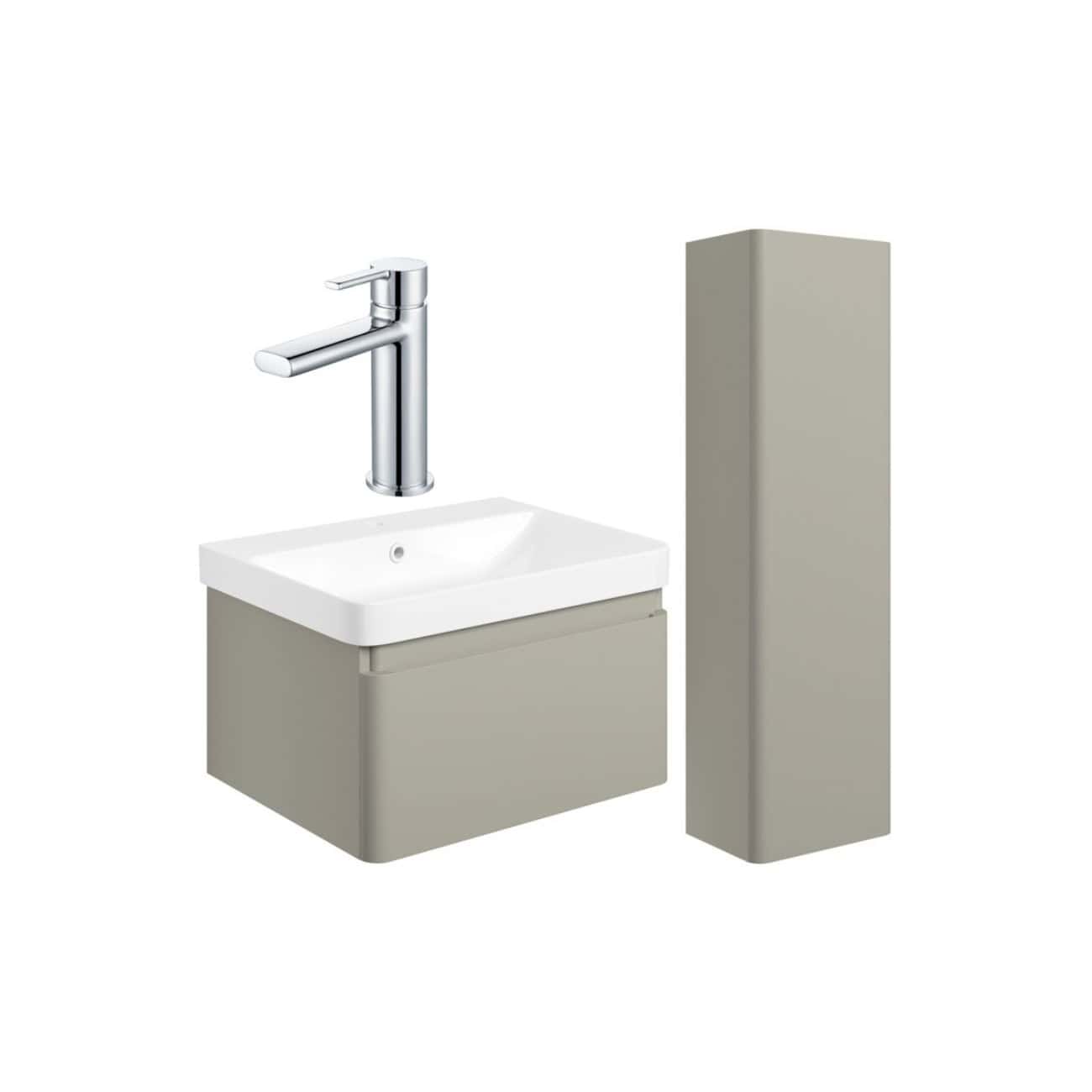 Sleek modern bathroom vanity with white ceramic basin, chrome faucet, and beige storage cabinet, perfect for contemporary bathroom decor and efficient space utilisation.