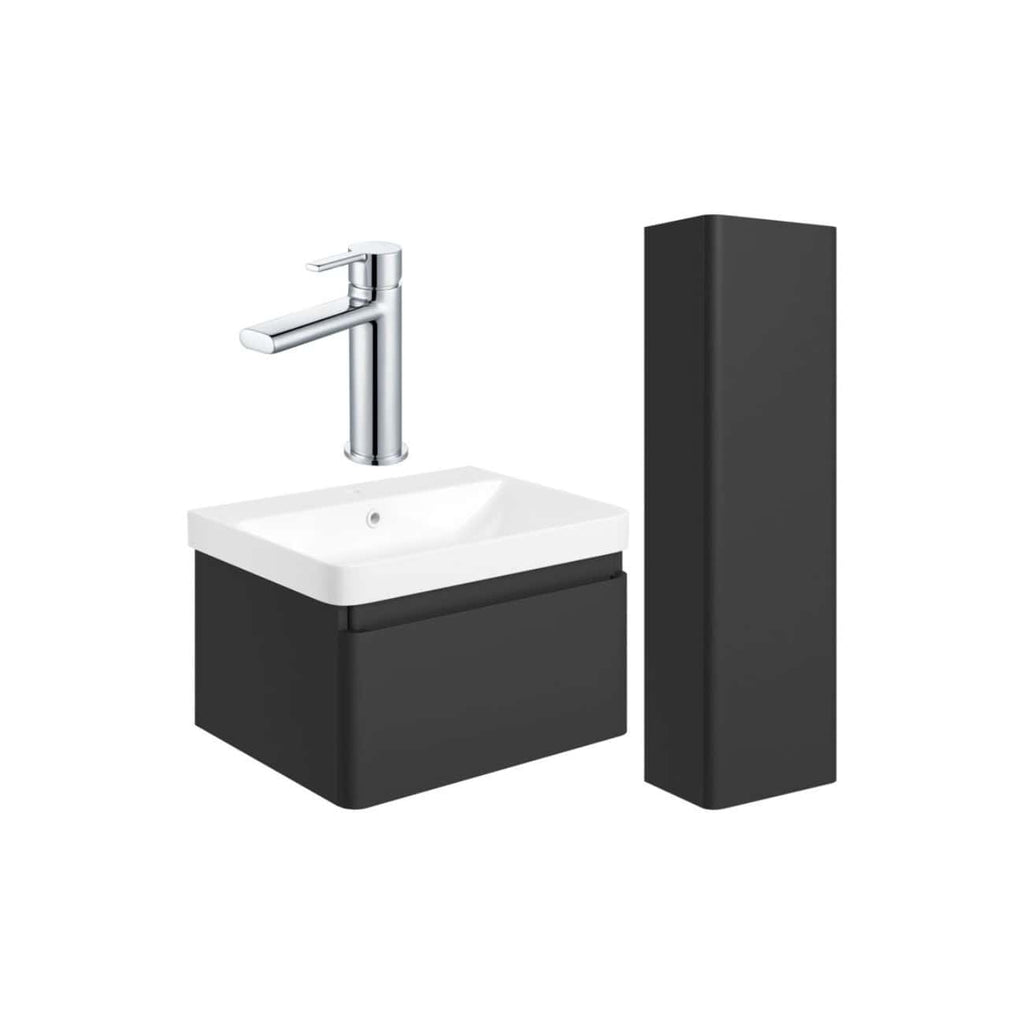 Modern black bathroom vanity unit with a white ceramic sink and chrome tap, ideal for contemporary bathroom decor. Perfect for storage and style in your bathroom renovation.
