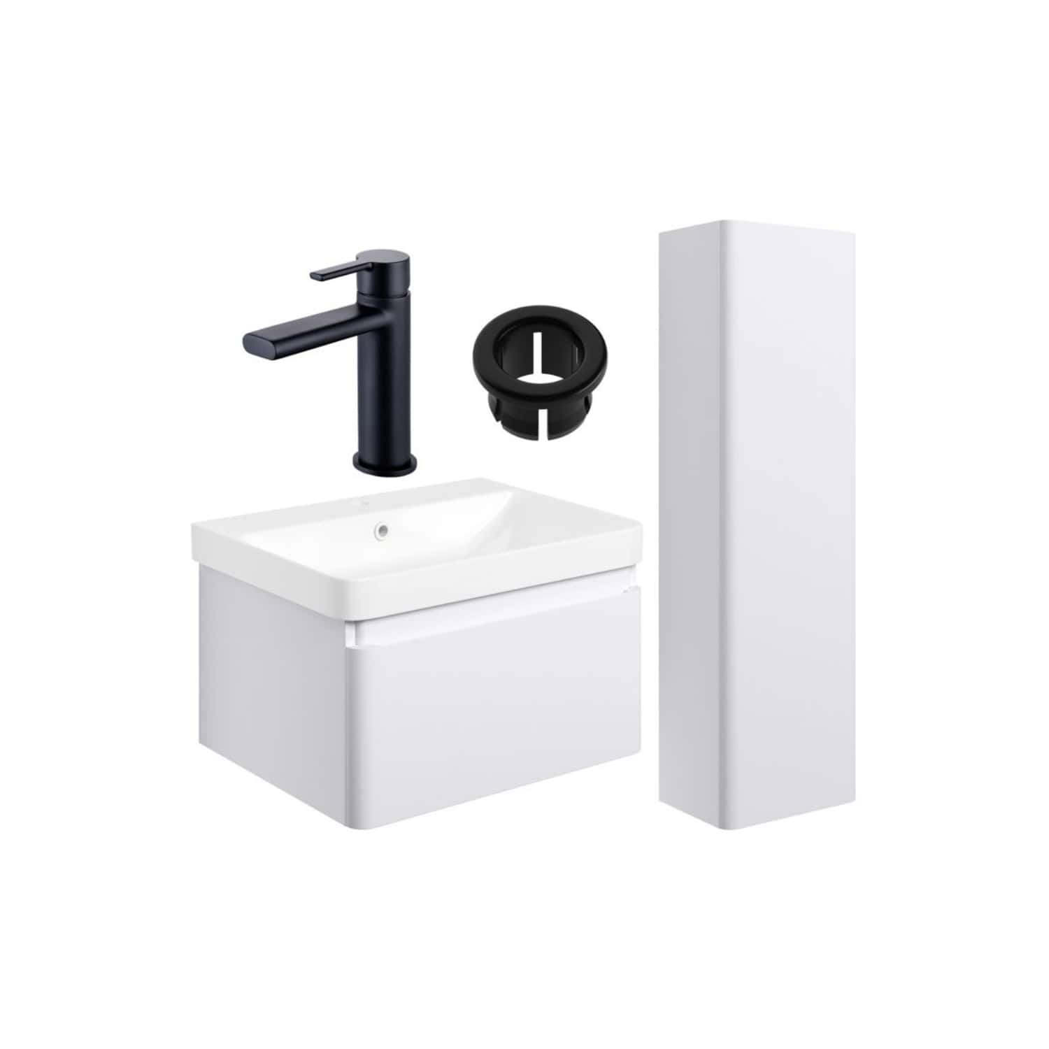 Sleek black bathroom tap, white sink unit, and tall storage cabinet, ideal for modern bathroom setups with minimalist design and functional storage solutions.