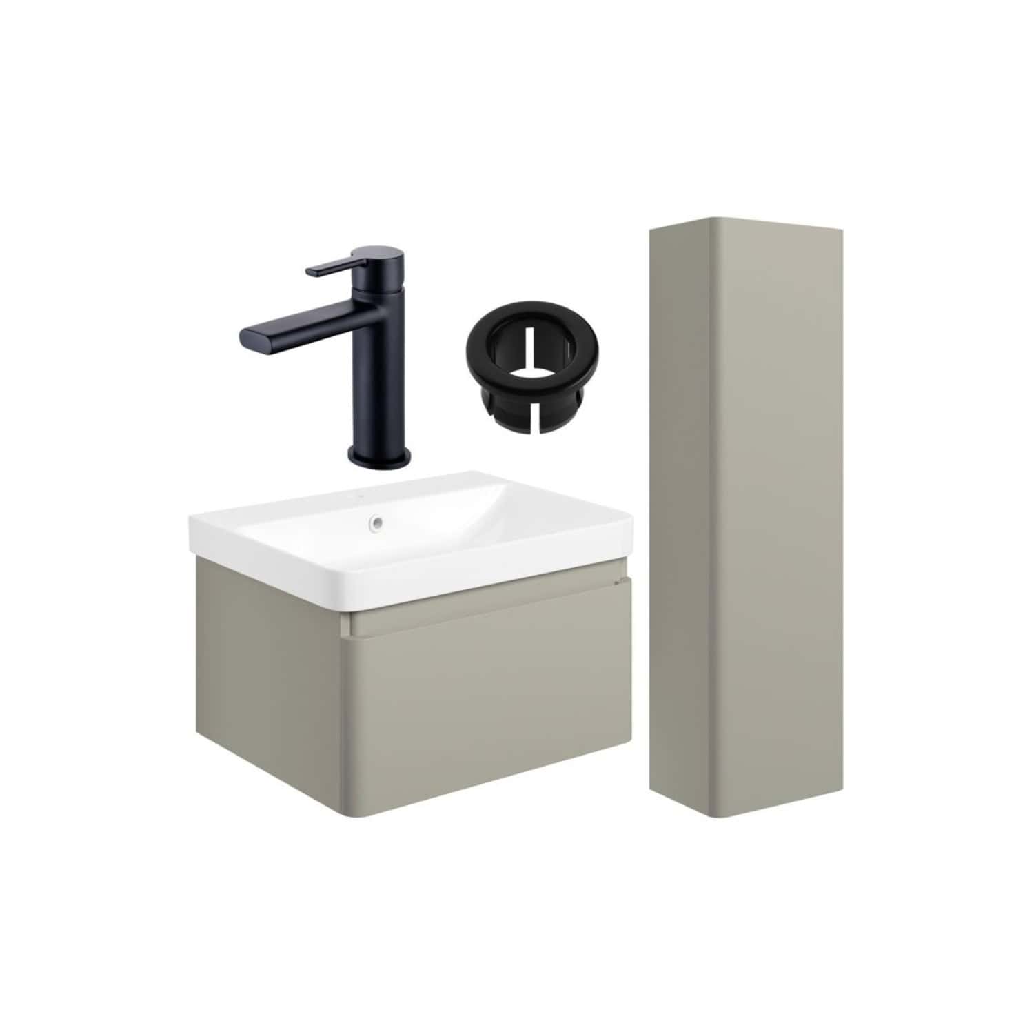 Modern bathroom vanity set including a sleek black tap, white ceramic sink, beige storage cabinet, and black siphon, perfect for contemporary bathroom design and installation.