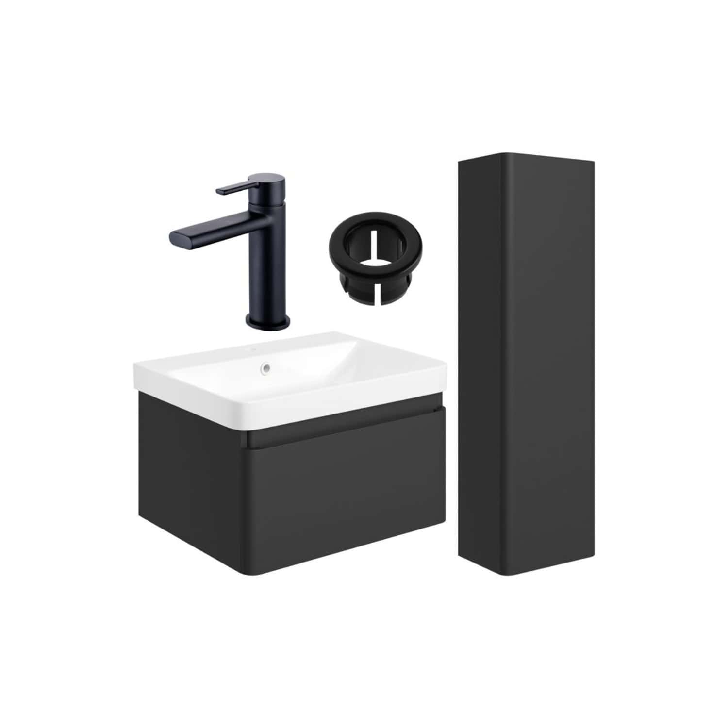 Miniature bathroom sink vanity set with black faucet and storage cabinet, perfect for compact bathrooms or modern Aga kitchens, featuring sleek black and white design elements for contemporary style.