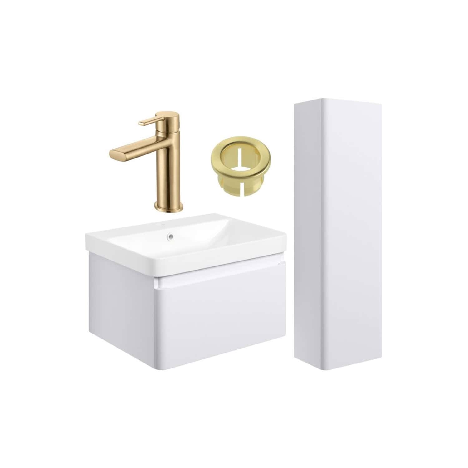 Modern white bathroom vanity with integrated sink, gold finishing mixer tap, and matching accessories, perfect for stylish and functional bathroom design.