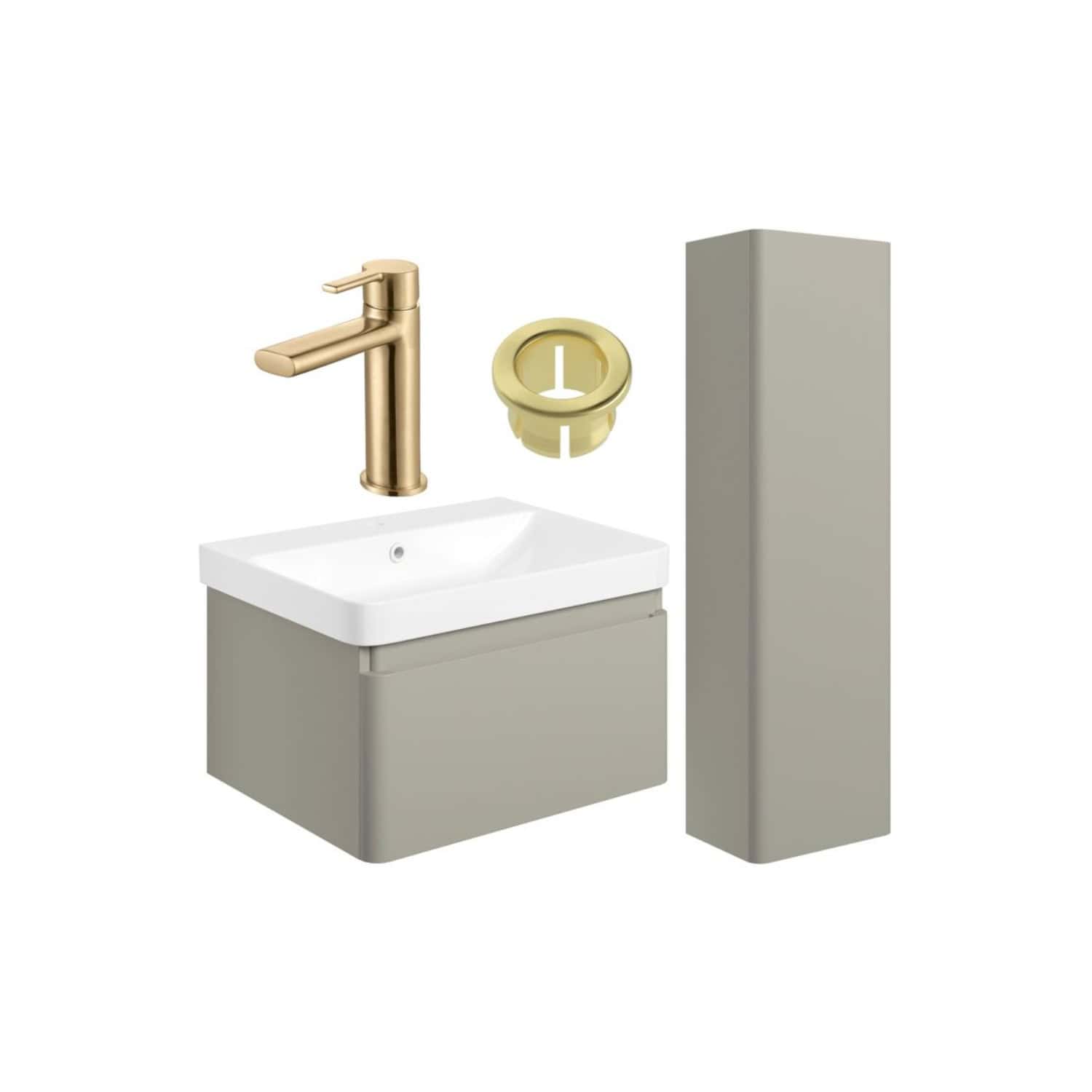 Modern bathroom vanity set with beige cabinet, white ceramic sink, brass faucet, and storage tower - ideal for contemporary bathroom decor.
