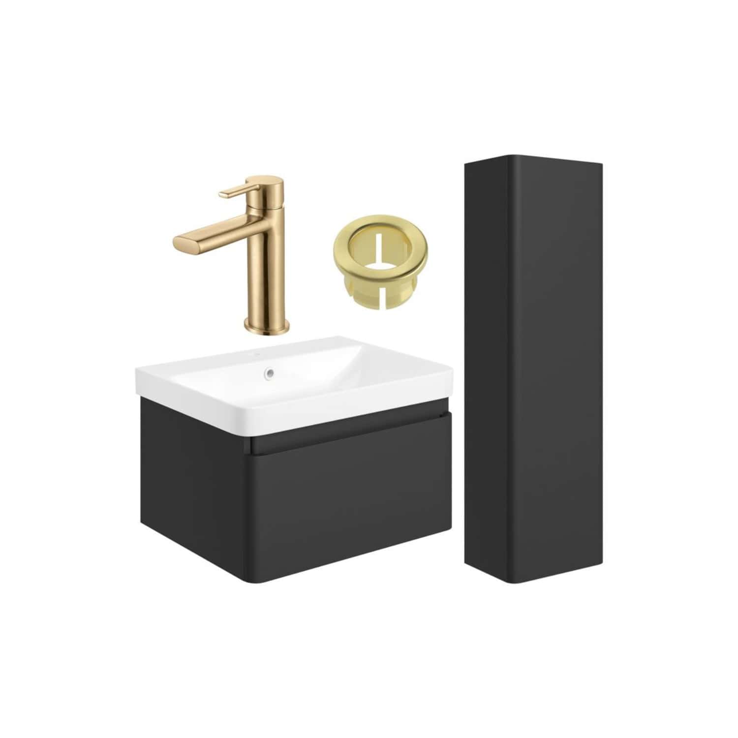 Sleek black bathroom vanity unit with white ceramic sink, gold-finish tap, and matching accessories, ideal for modern bathroom designs. Luxury bath fixtures and fittings from Bubly Bathrooms for a stylish look.