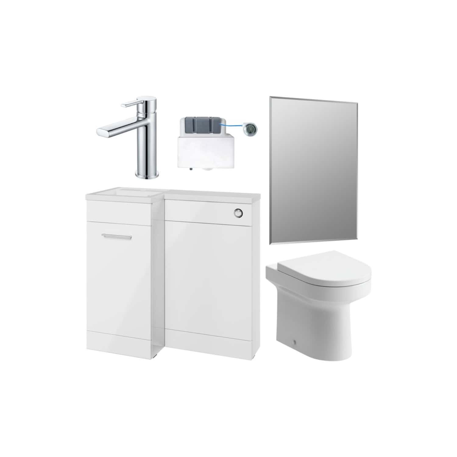 High-tech bathroom fixtures including a modern faucet, smart toilet, mirror, and sink cabinet with smart control panel, designed for innovative and stylish bathroom solutions.