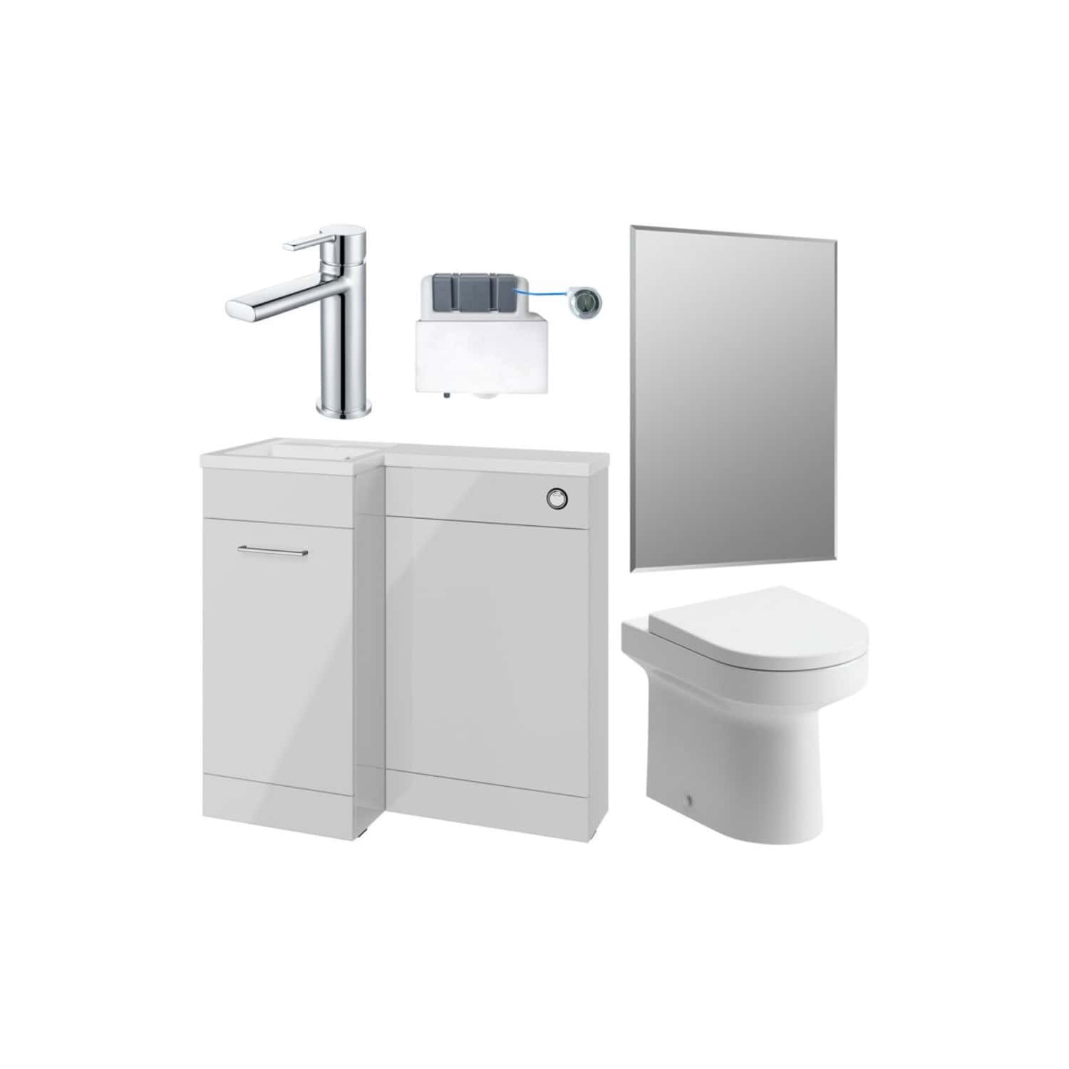 Modern compact bathroom suite featuring a sleek white toilet, small vanity unit, stainless steel tap, wall mirror, and essential plumbing components for contemporary bathroom design.