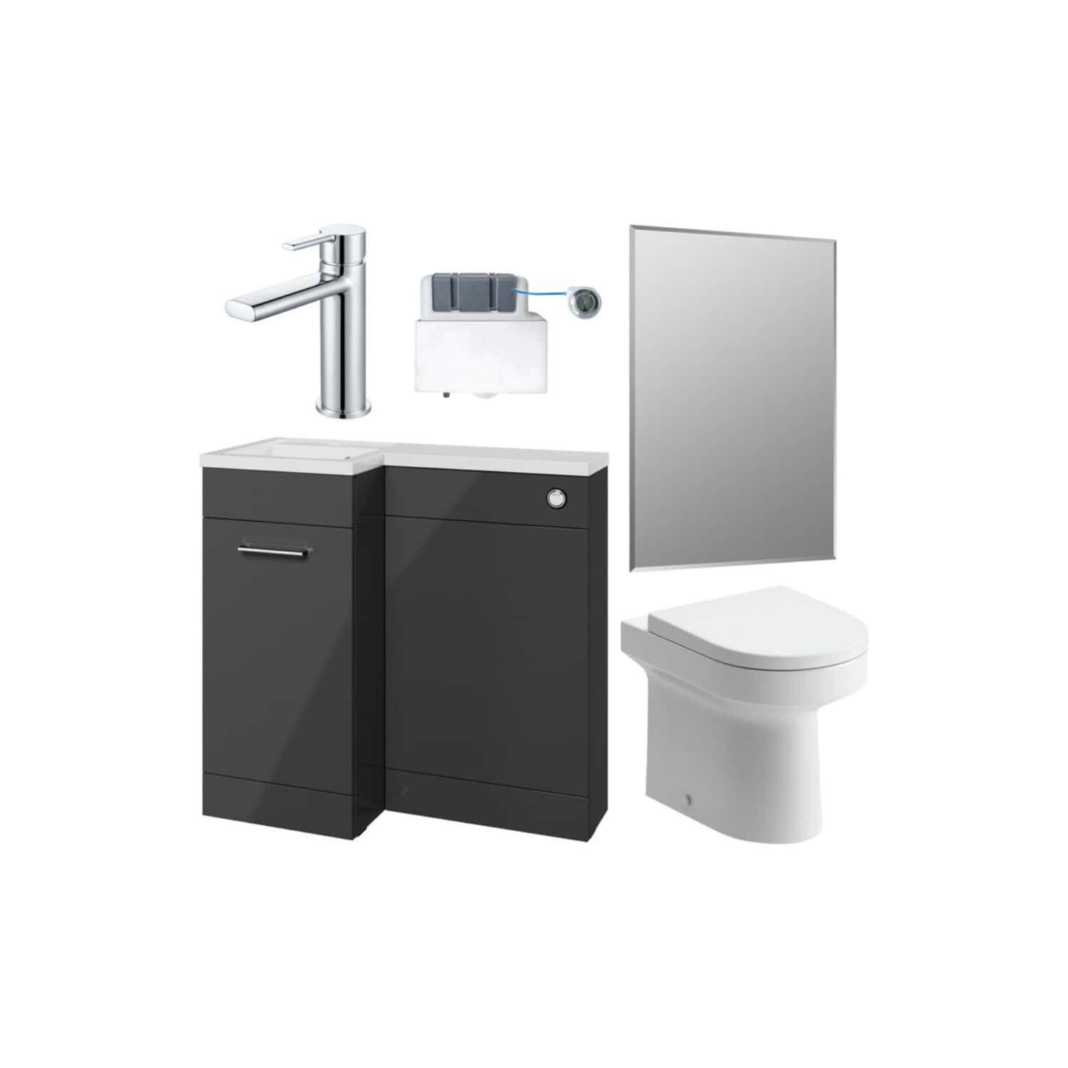 Modern bathroom fixtures setup including a sleek chrome tap, a compact black vanity unit with a white sink, a wall-mounted mirror, a white toilet, and essential plumbing components for bathroom renovation.