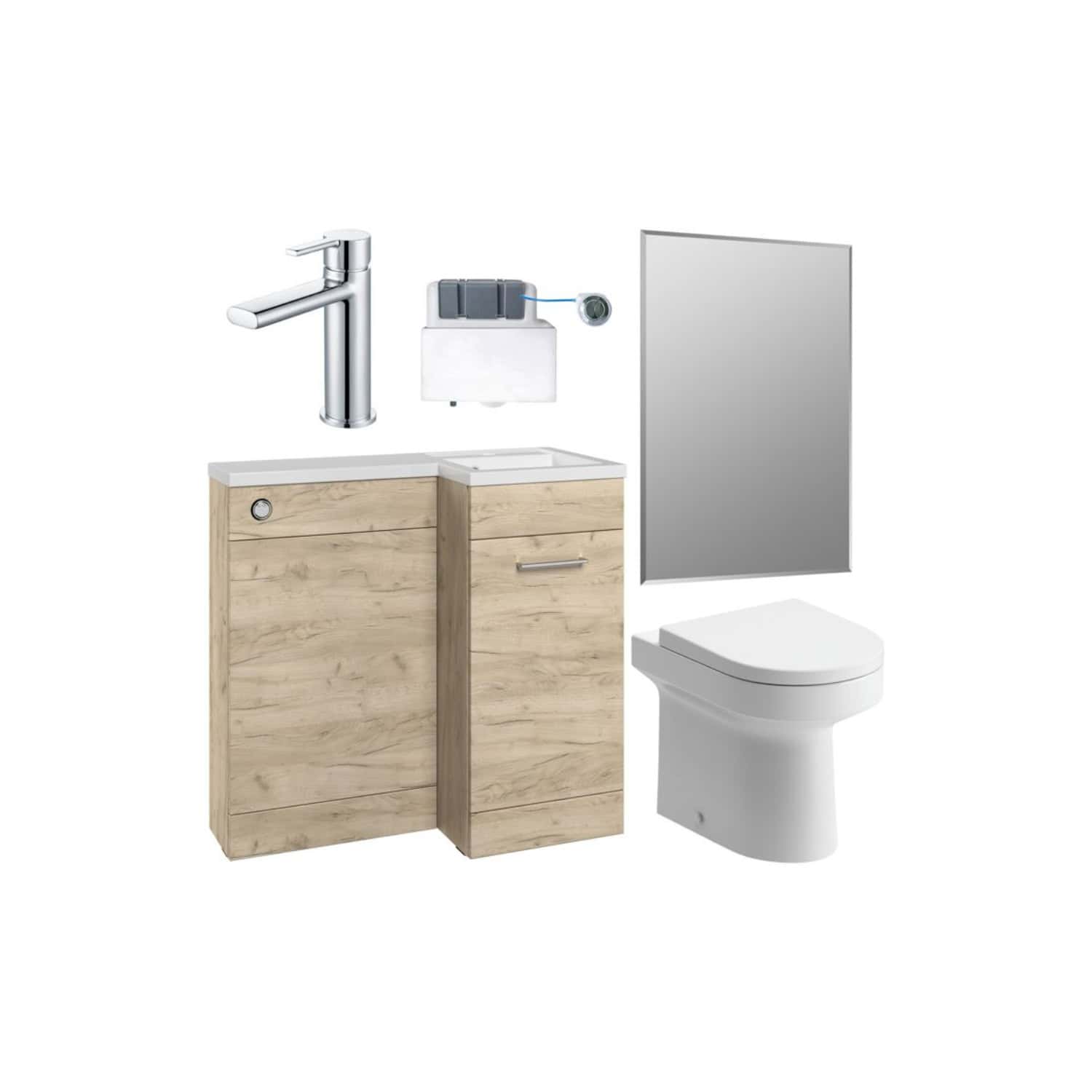 Modern bathroom vanity unit with integrated sink, chrome faucet, wall-mounted mirror, toilet, and additional fixtures, ideal for contemporary bathroom remodels and space-efficient design.