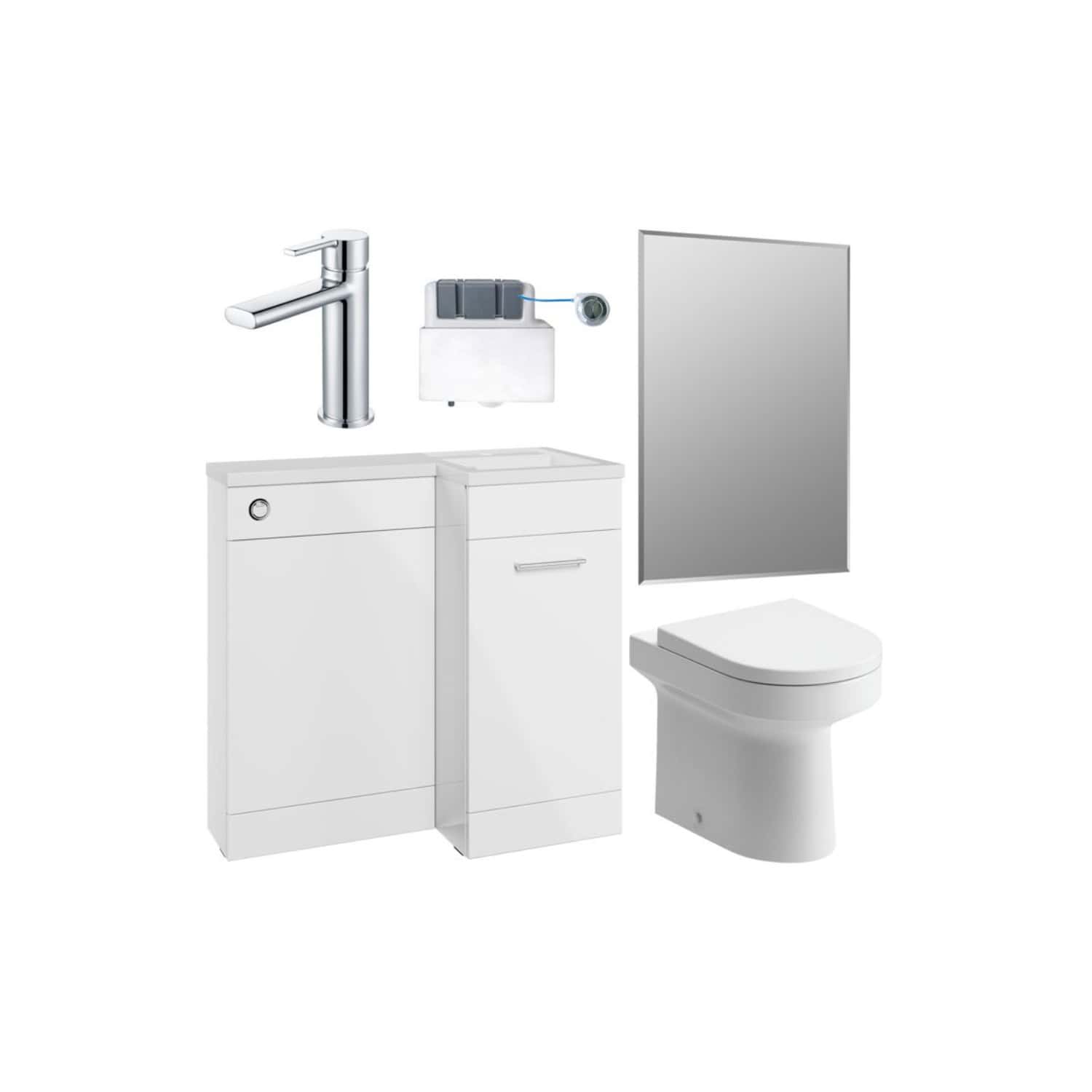 Modern white bathroom furniture set including a toilet, sink cabinet, mirror, and plumbing fixtures with chrome tap, designed for contemporary bathroom renovation.
