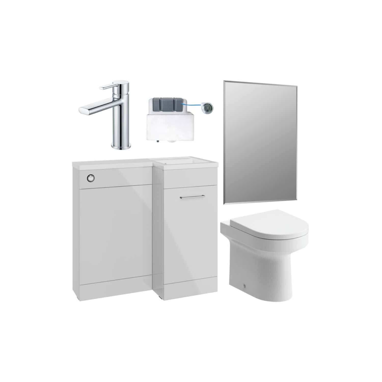 Modern white bathroom fixtures including a sleek faucet, storage cabinet, wall mirror, and a contemporary toilet, ideal for bathroom renovation and design projects.