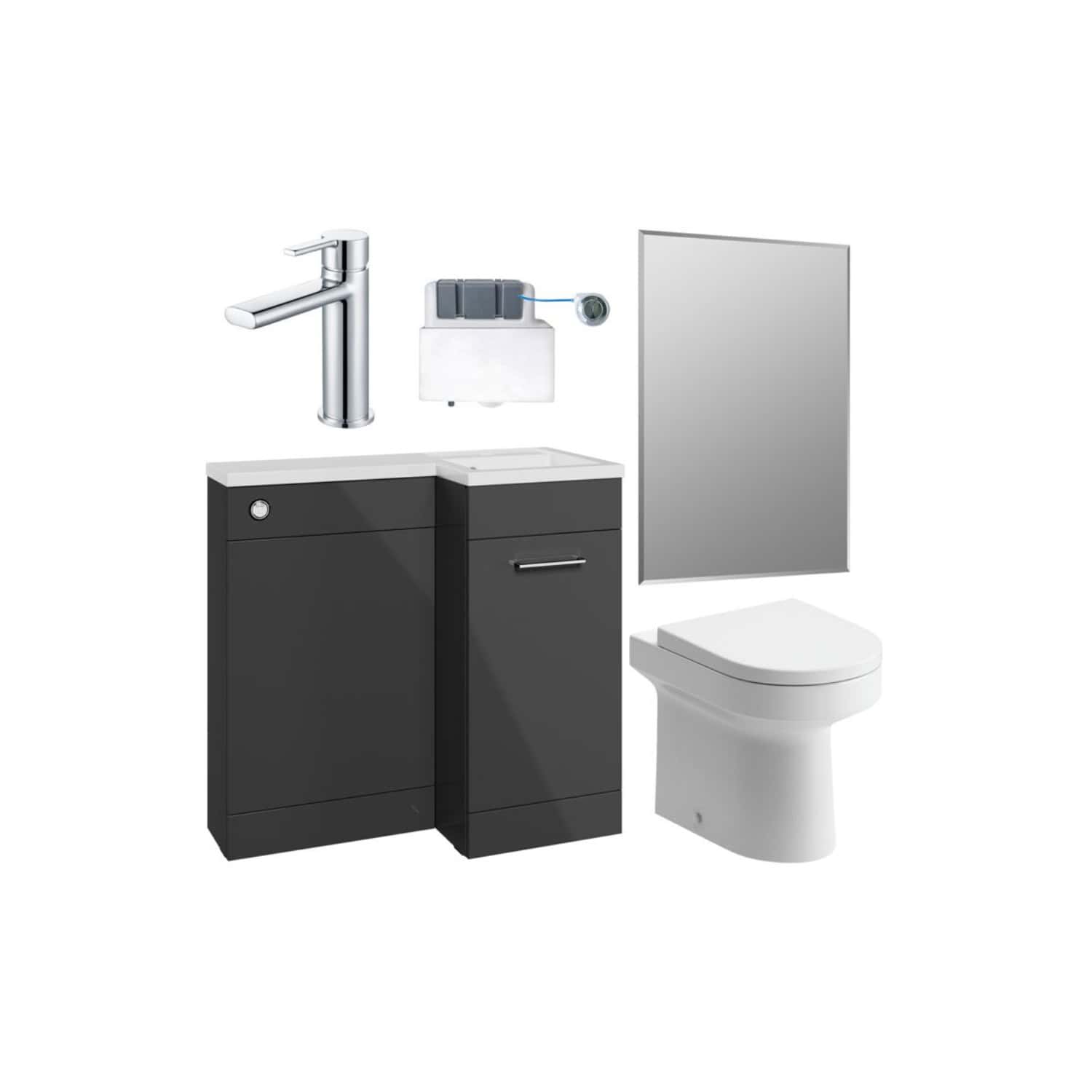 Sleek modern bathroom fixtures including black vanity units, a white toilet, a silver mirror, and a contemporary tap with water filter system, ideal for stylish bathroom renovations.