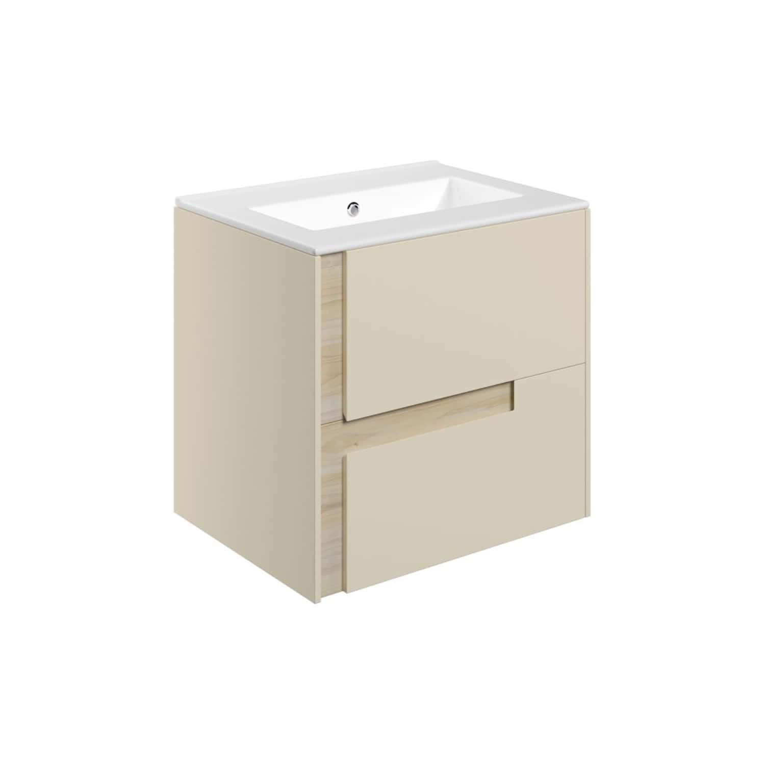 Modern beige bathroom vanity with integrated sink, minimalist design, storage drawers, ideal for contemporary bathrooms, high-quality materials, easy to clean, stylish and functional.