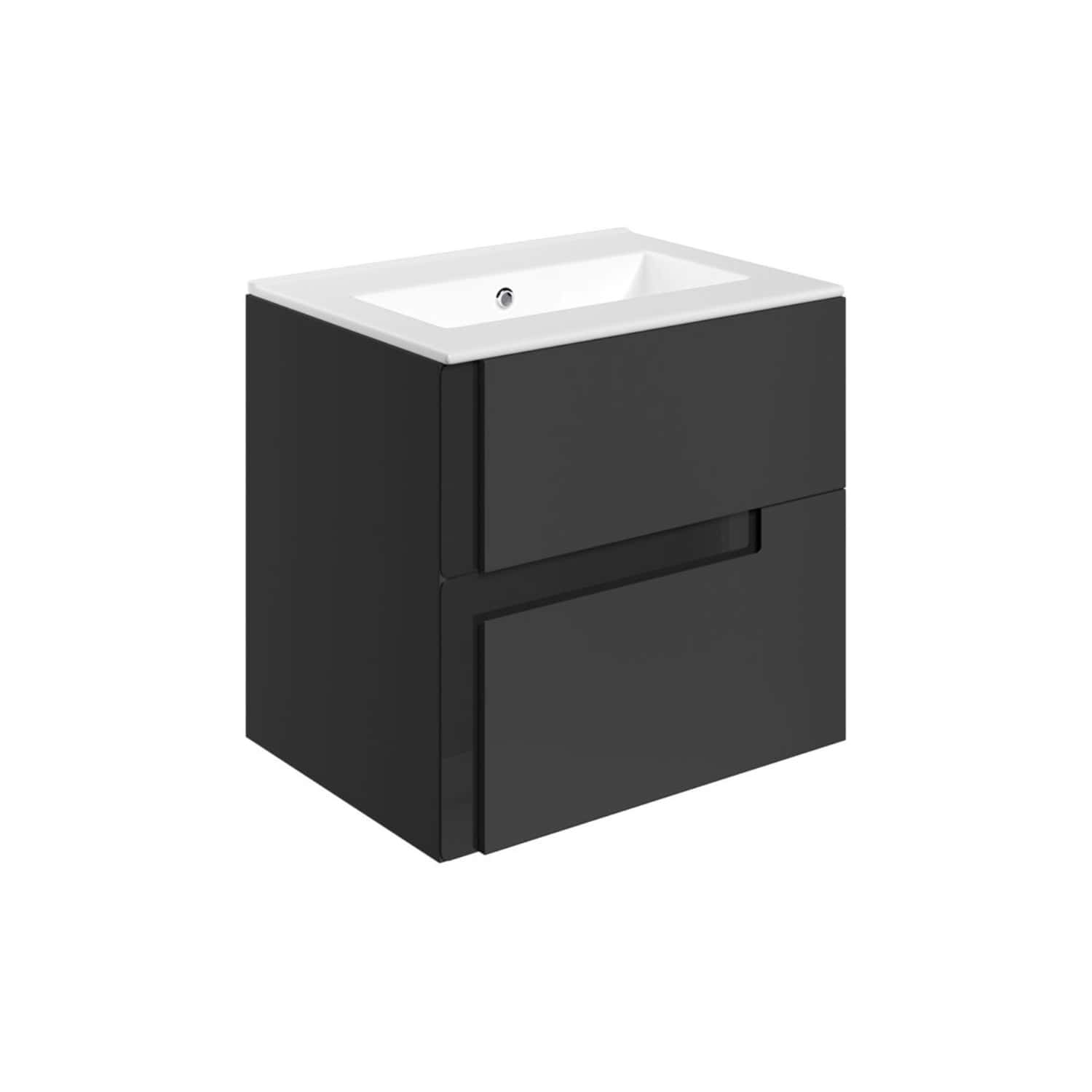 Sleek black bathroom vanity unit with integrated sink, modern design, and ample storage space, perfect for contemporary bathroom interiors. Ideal for stylish bathroom upgrades and space optimisation.