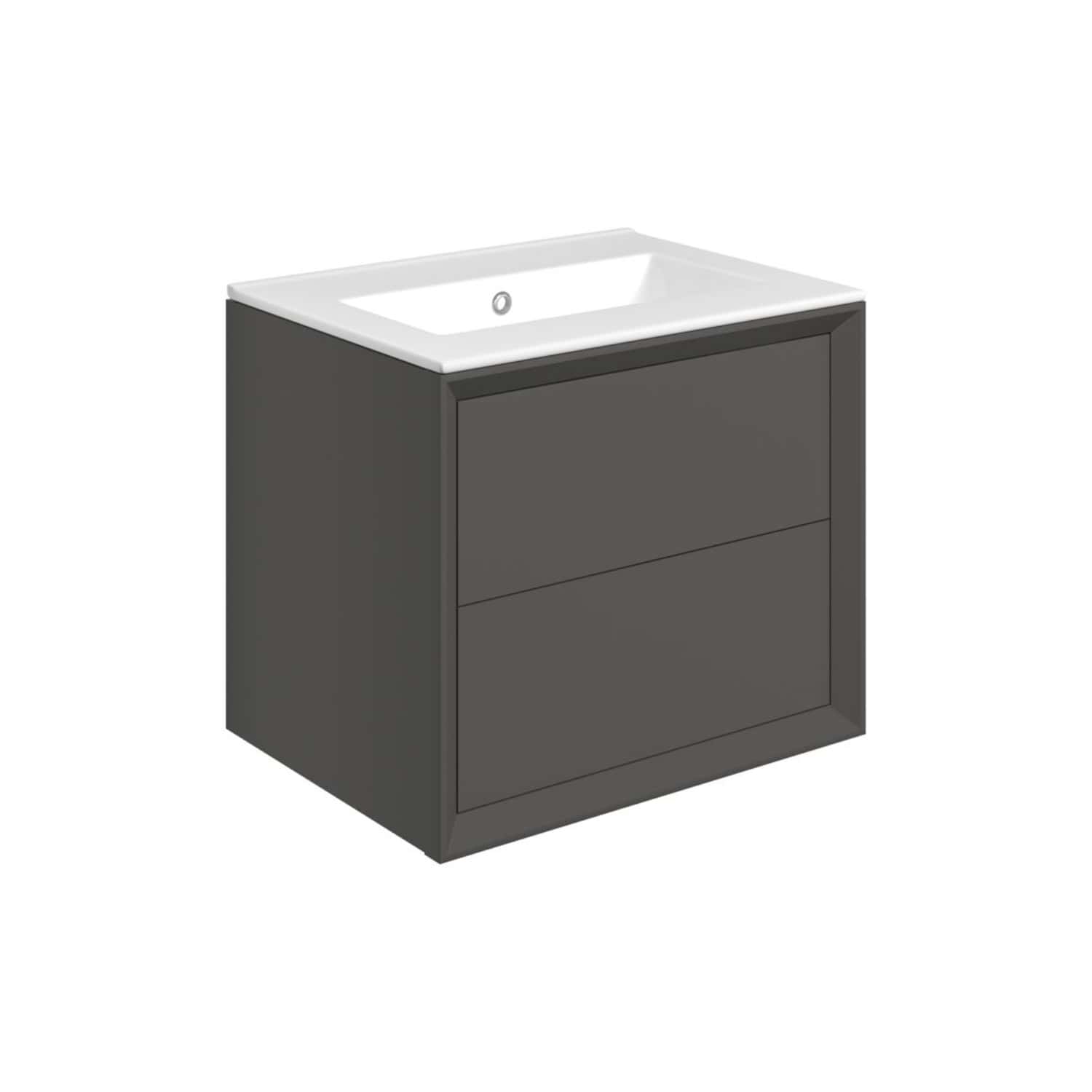 Contemporary bathroom vanity unit with integrated sink in dark finish, ideal for modern bathroom decor. Features ample storage with sleek drawers, combining style and functionality.