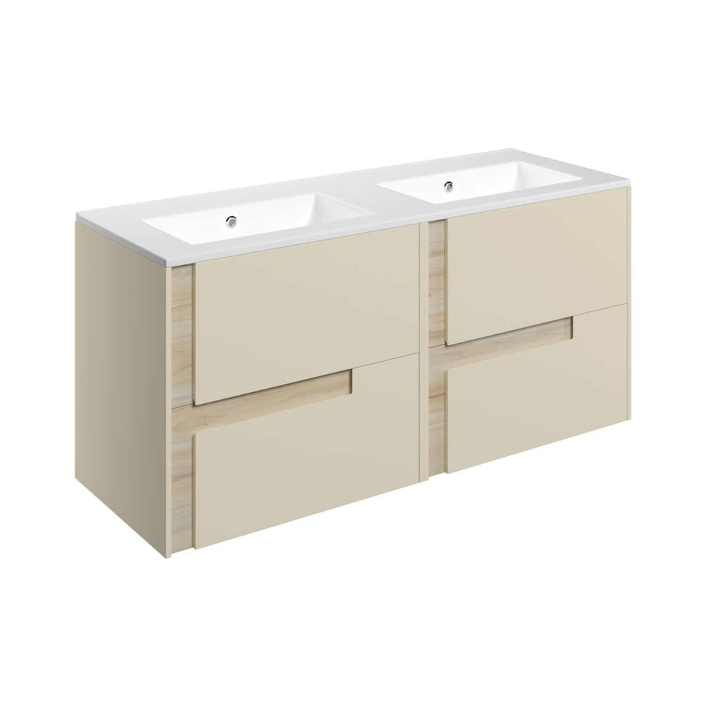Double modern bathroom vanity unit with two integrated sinks, sleek beige cupboards, and a minimalist design, ideal for contemporary bathrooms and enhancing storage space.