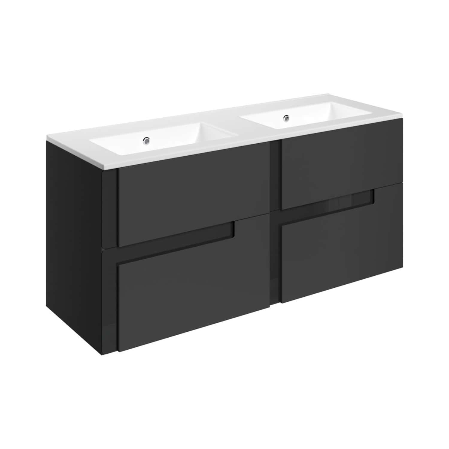 Modern double bathroom vanity with black cabinetry and white countertop, featuring two integrated sinks and sleek storage drawers for additional organisation. Perfect for contemporary bathrooms.