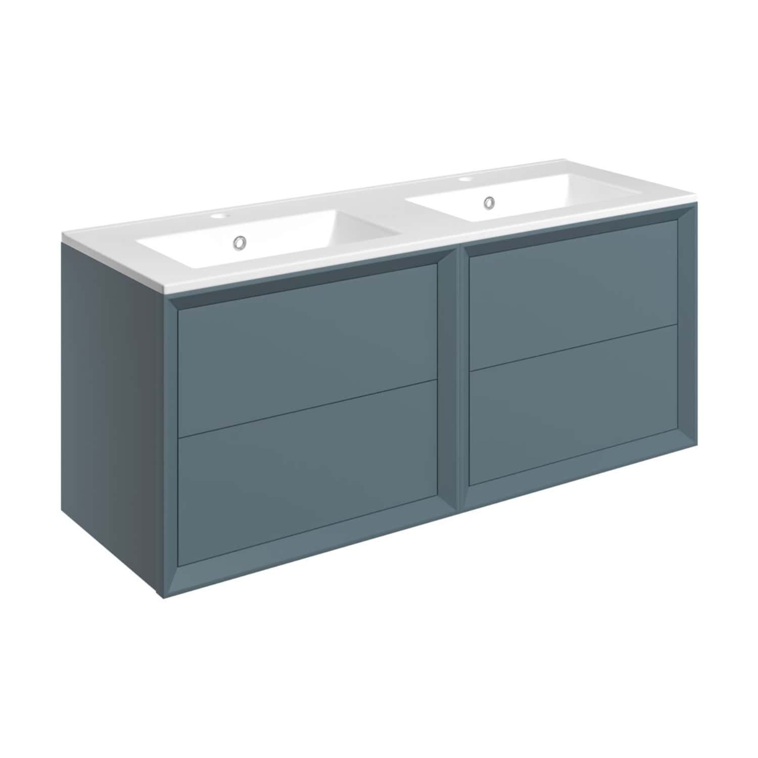 Double vanity bathroom unit with two integrated sinks in a modern grey finish, designed for contemporary bathroom spaces. Perfect for storing essentials while providing a sleek, stylish look.