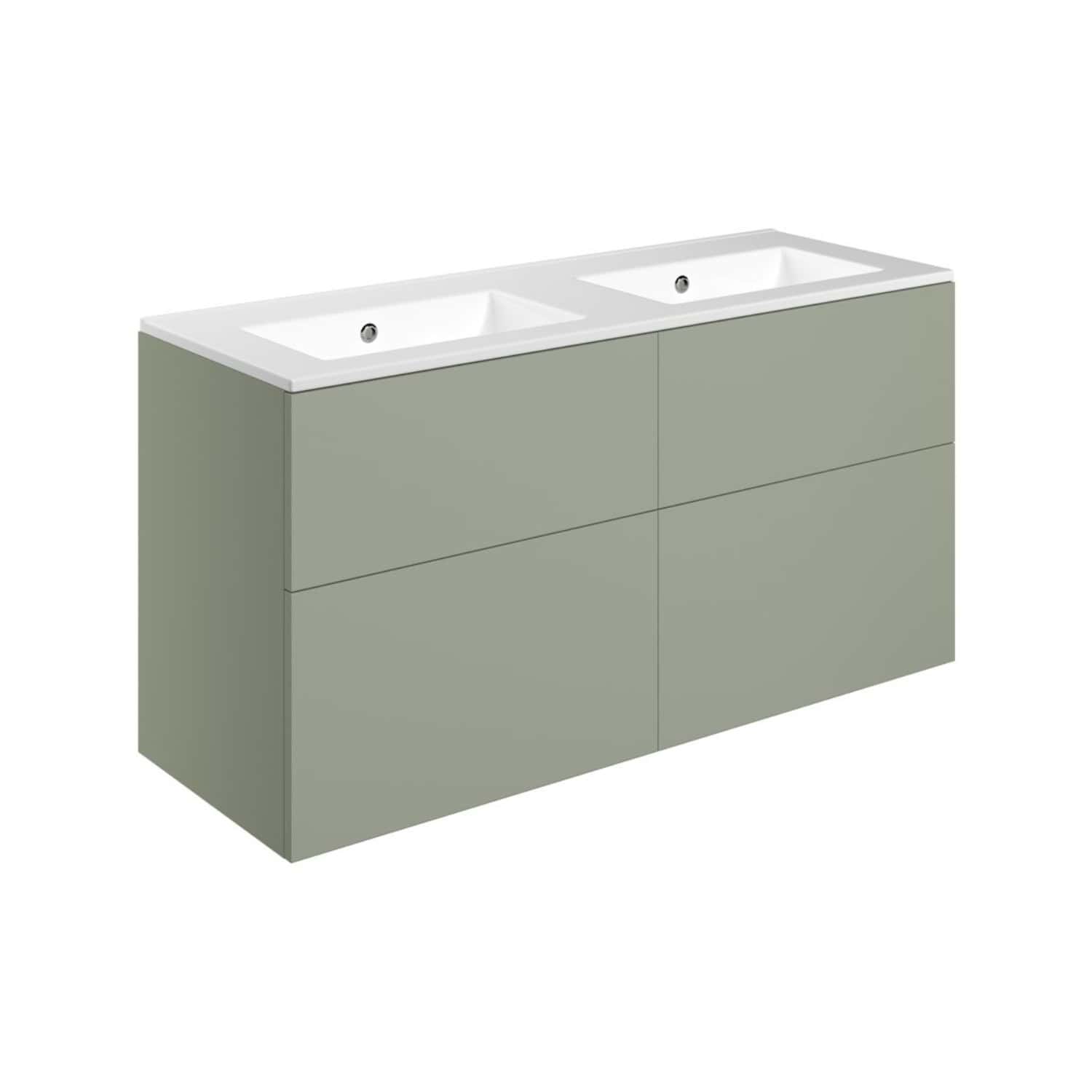 Modern dual-sink bathroom vanity with sleek grey finish, push-to-open drawers, and spacious design, ideal for contemporary bathrooms seeking stylish and functional storage solutions.