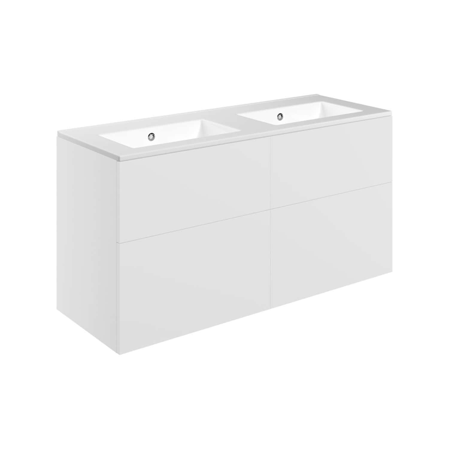 Contemporary double sink bathroom vanity unit with storage, sleek white finish, modern design, ideal for bathroom remodels and installations. Perfect for stylish and functional bathroom spaces.