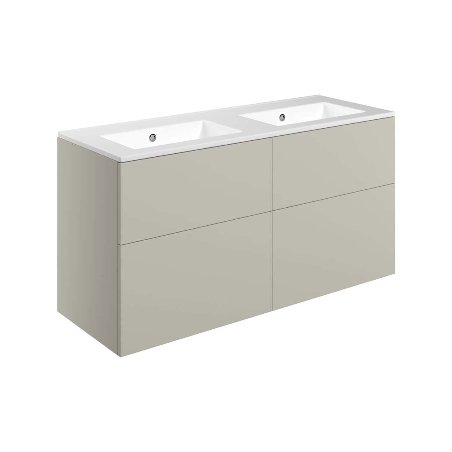 Modern double bathroom vanity with integrated sinks and sleek beige cabinetry, perfect for contemporary bathroom designs. Ideal for stylish storage and functional space.