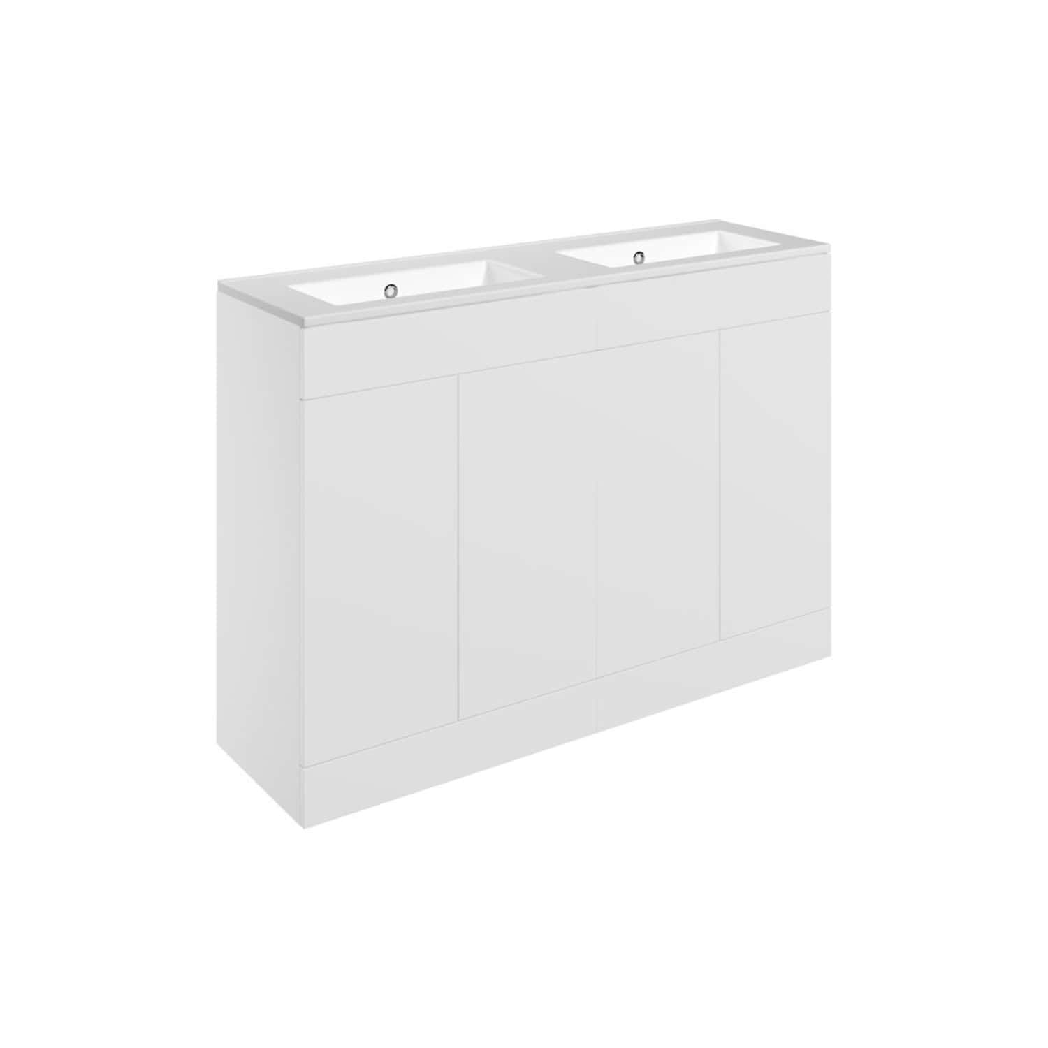 Double sink bathroom vanity unit with storage, modern white design for contemporary bathrooms. Perfect for organising toiletries and creating a clean, minimalist look.