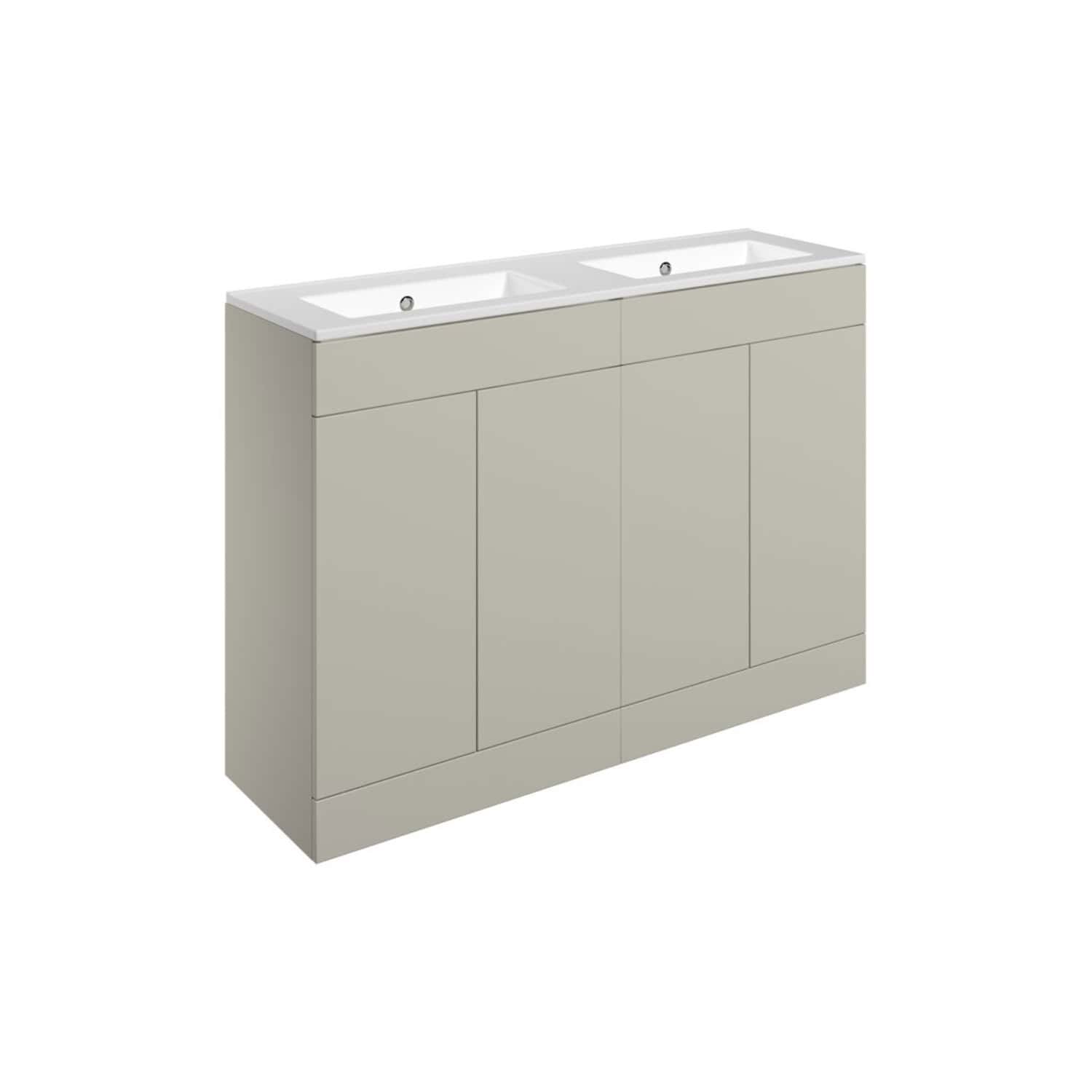 Sleek grey double vanity bathroom cabinet with integrated double washbasins, modern design, and ample storage space, perfect for contemporary bathrooms.