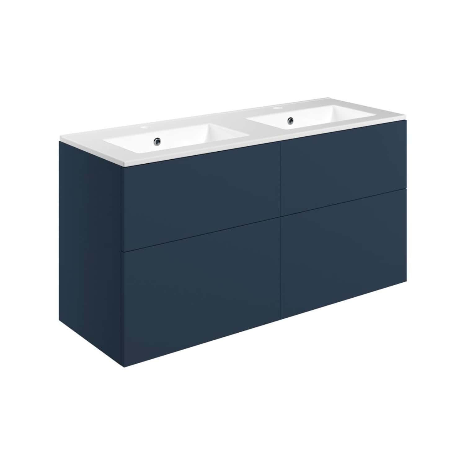 Double modern bathroom vanity with a navy blue finish and integrated sinks, perfect for contemporary bathroom designs.