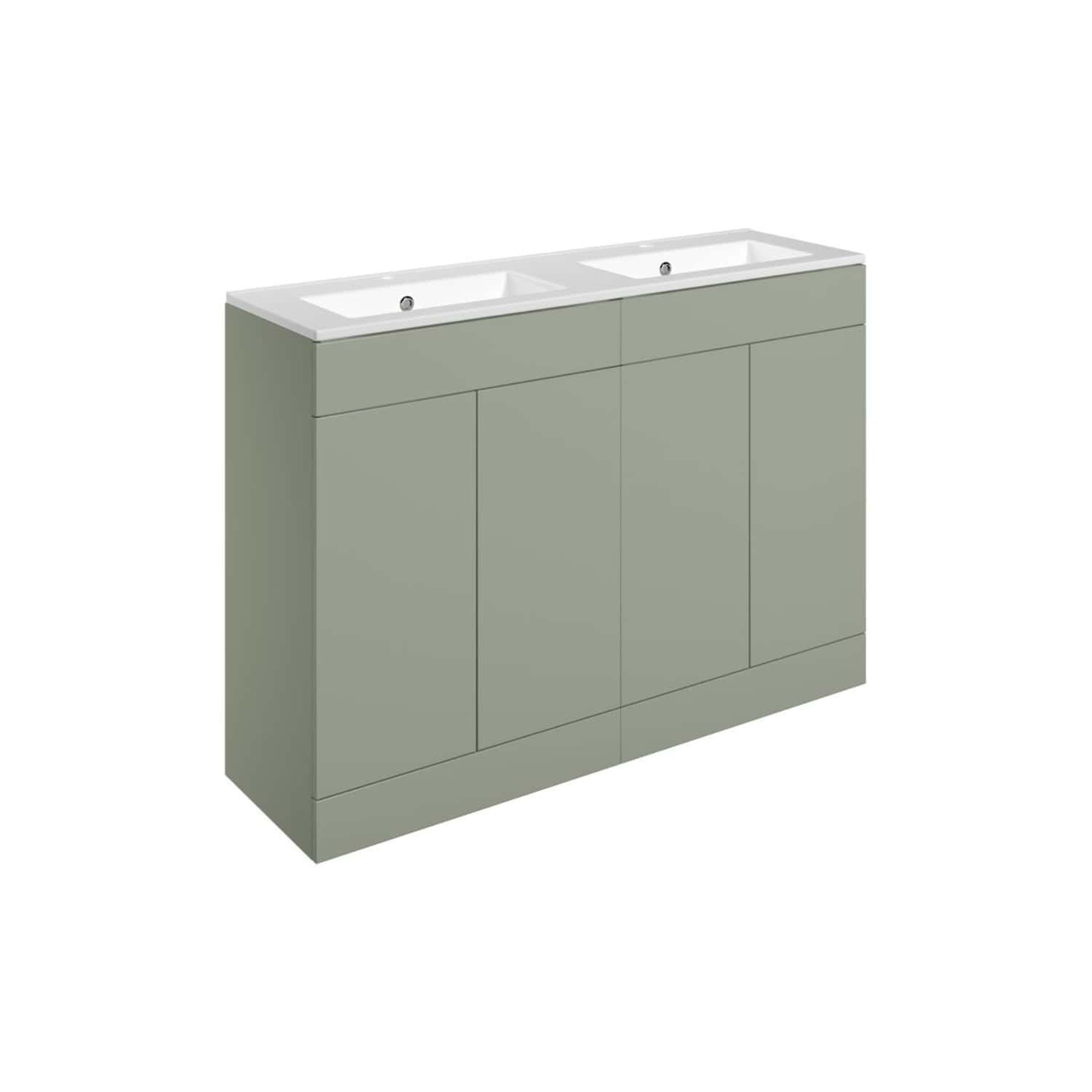 Double sink bathroom vanity with storage, grey finish, modern design, ideal for contemporary bathrooms, from Bubly Bathrooms.