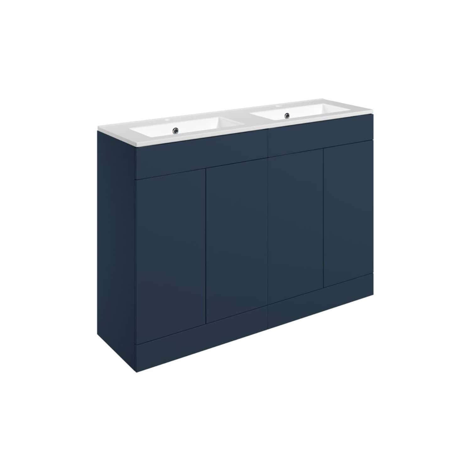 Sleek navy blue double sink bathroom vanity with ample storage, modern design, and easy-to-clean surfaces for stylish and functional bathroom renovations.