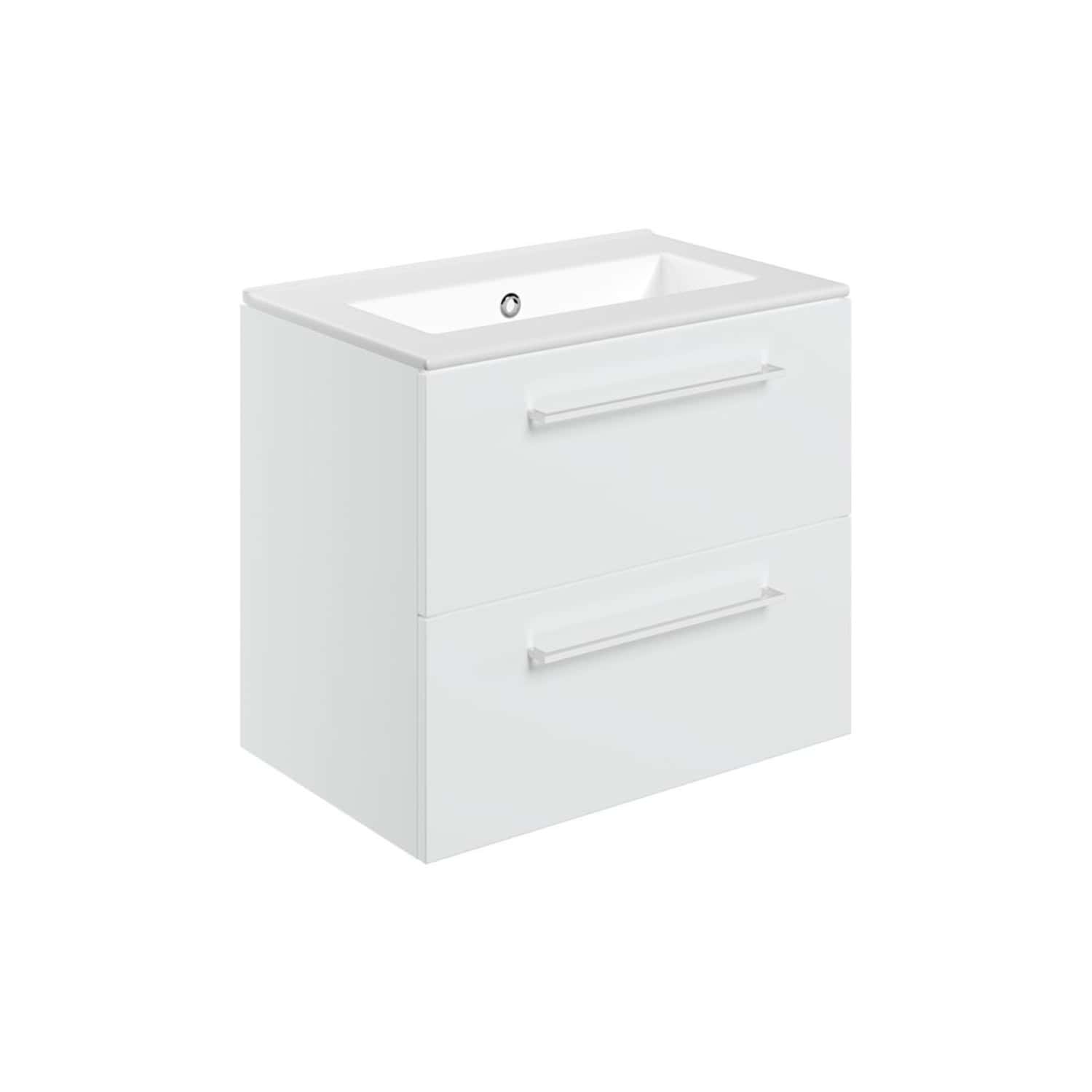 Modern white bathroom vanity with integrated sink, sleek double drawer storage, and contemporary aluminium handles, ideal for sleek, functional bathroom design.