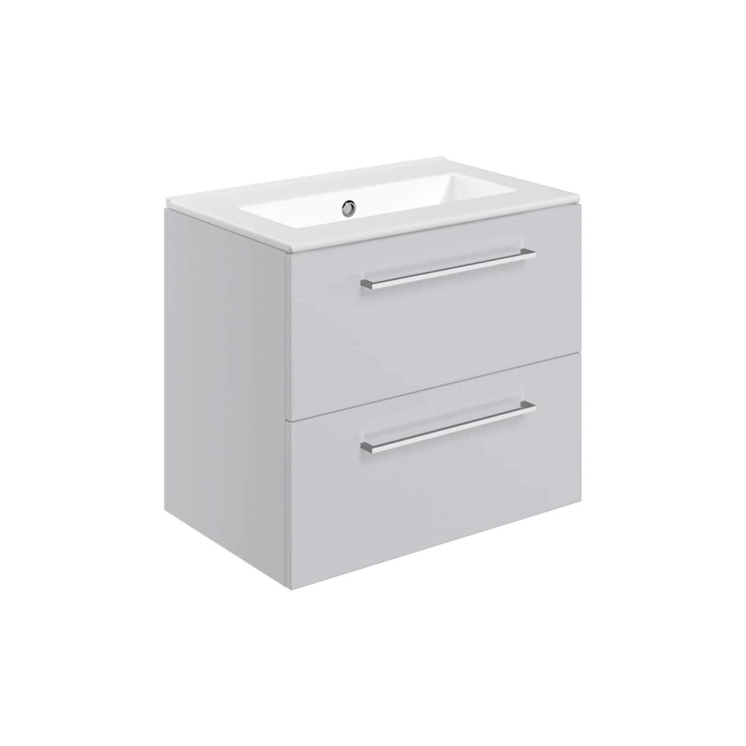 Sleek white bathroom vanity with integrated sink and modern chrome handles, ideal for contemporary bathroom designs and space-saving storage solutions.