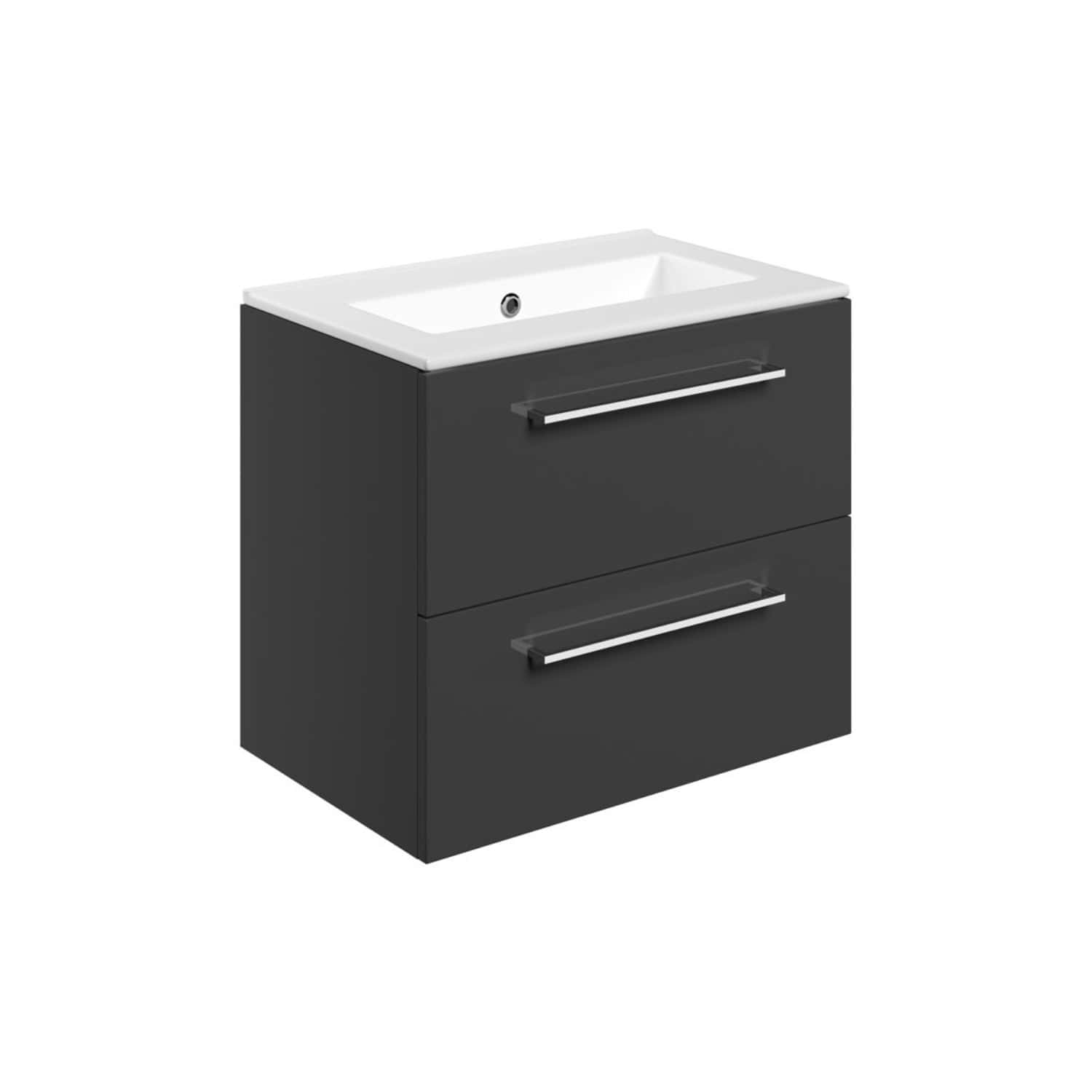 Sleek black bathroom vanity unit with integrated sink and two spacious drawers, ideal for modern bathroom storage solutions. Perfect for contemporary bathrooms looking for stylish organisation.