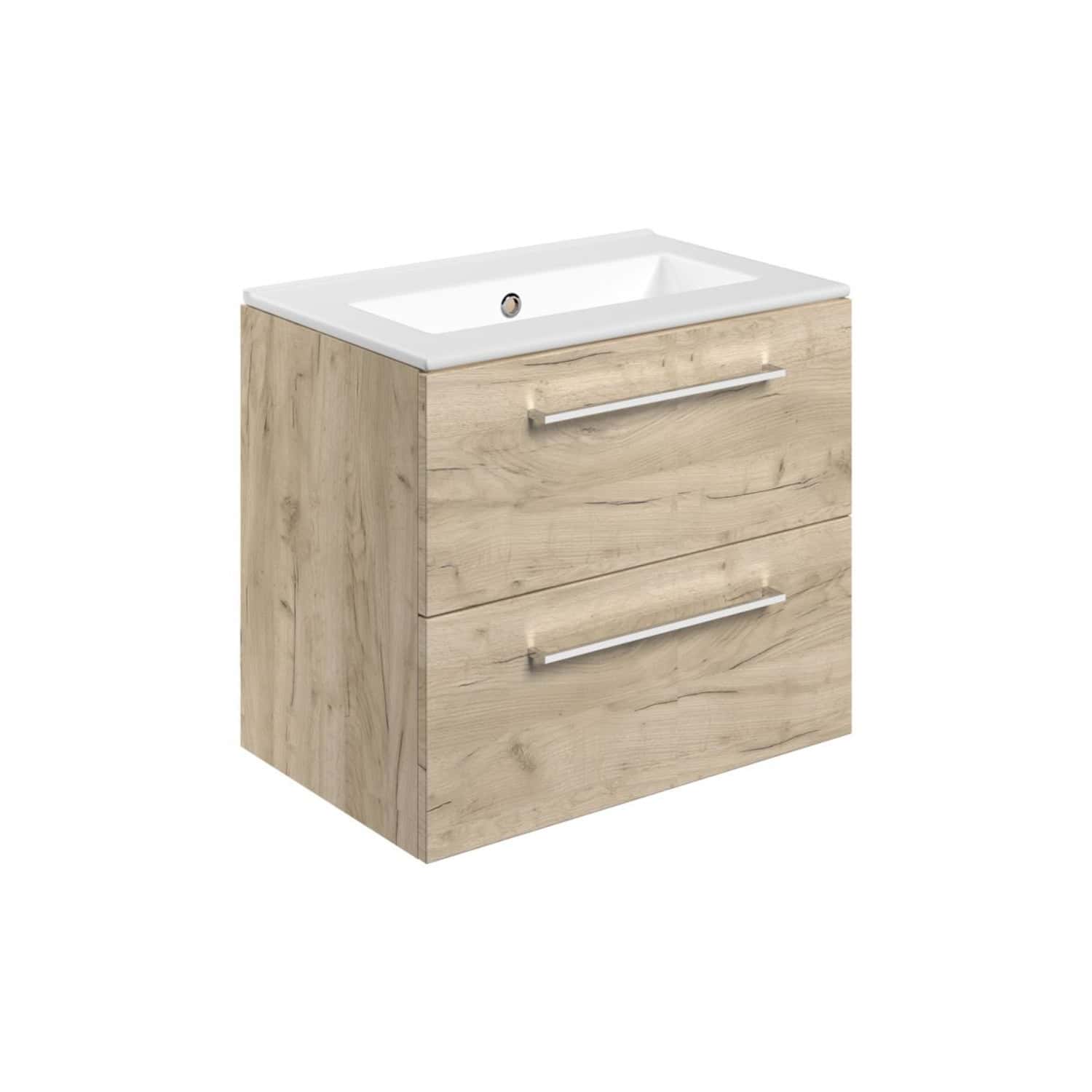 Sustainable wooden bathroom vanity cabinet with integrated ceramic sink and modern chrome handles, ideal for contemporary bathrooms. Durable, stylish, and space-efficient bathroom storage solution.