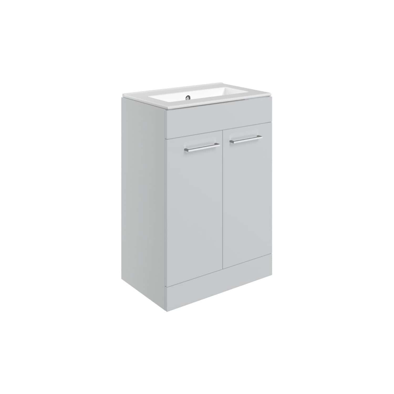 Modern white bathroom vanity with integrated sink and storage cabinets. Ideal for bathroom renovations and space-efficient bathroom designs.
