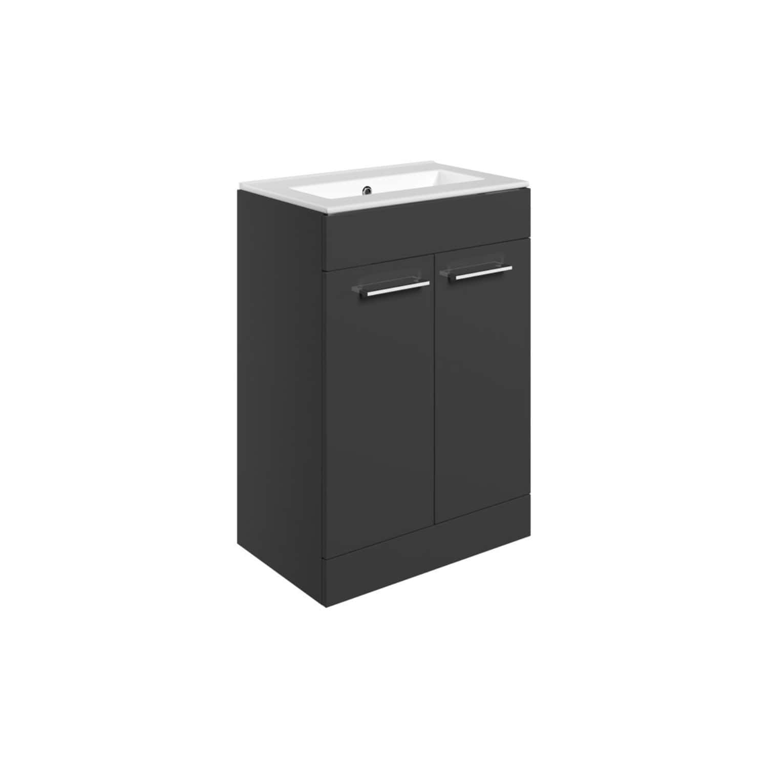 Sleek black bathroom vanity with built-in sink, modern chrome handles, and storage drawers, ideal for contemporary bathrooms. Perfect for enhancing bathroom organisation and style.