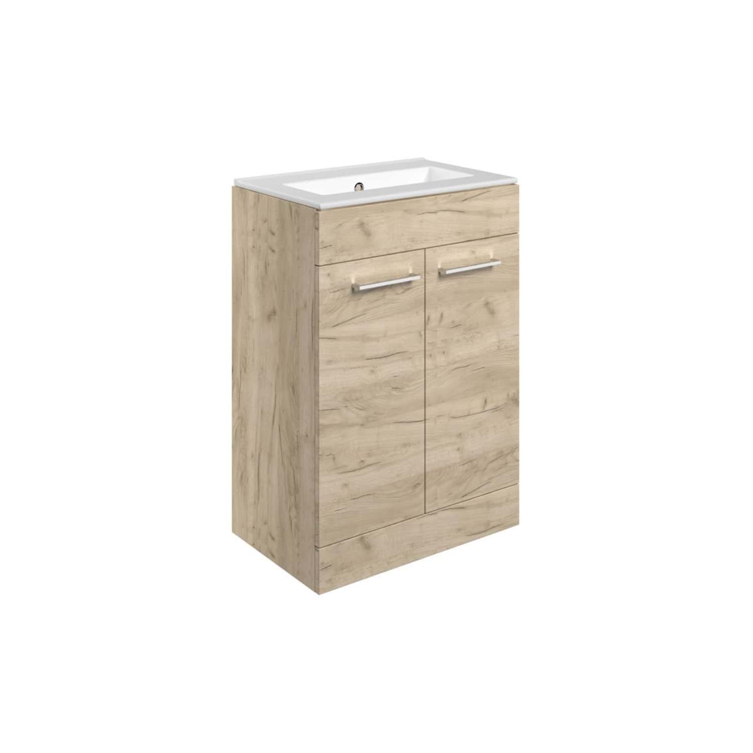 Modern wooden bathroom vanity with integrated ceramic sink and chrome handles, perfect for contemporary bathroom renovation and storage solutions.