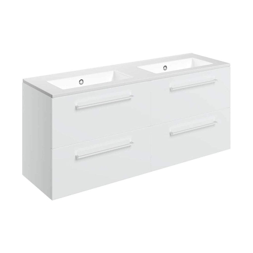 Modern white double bathroom vanity with integrated sinks and sleek handles, perfect for contemporary bathroom renovation. Durable, stylish design for efficient organisation and accessible storage.